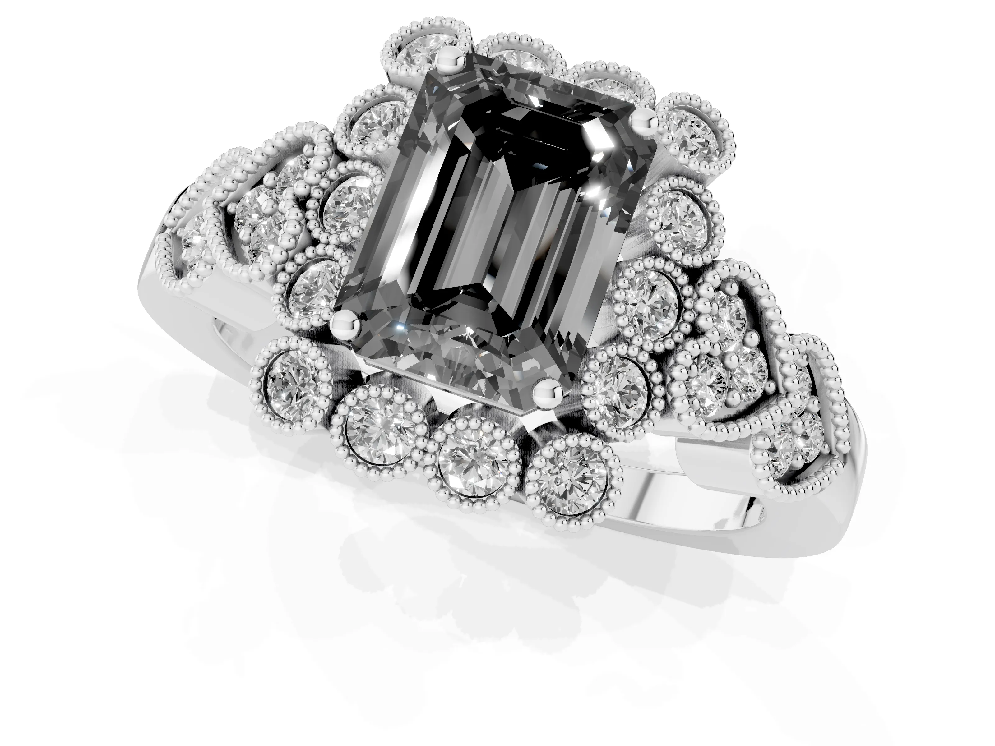 Fancy Black Emerald Cut Diamond Solitaire Ring Set in White gold with Milgrain Pavé Heart Band