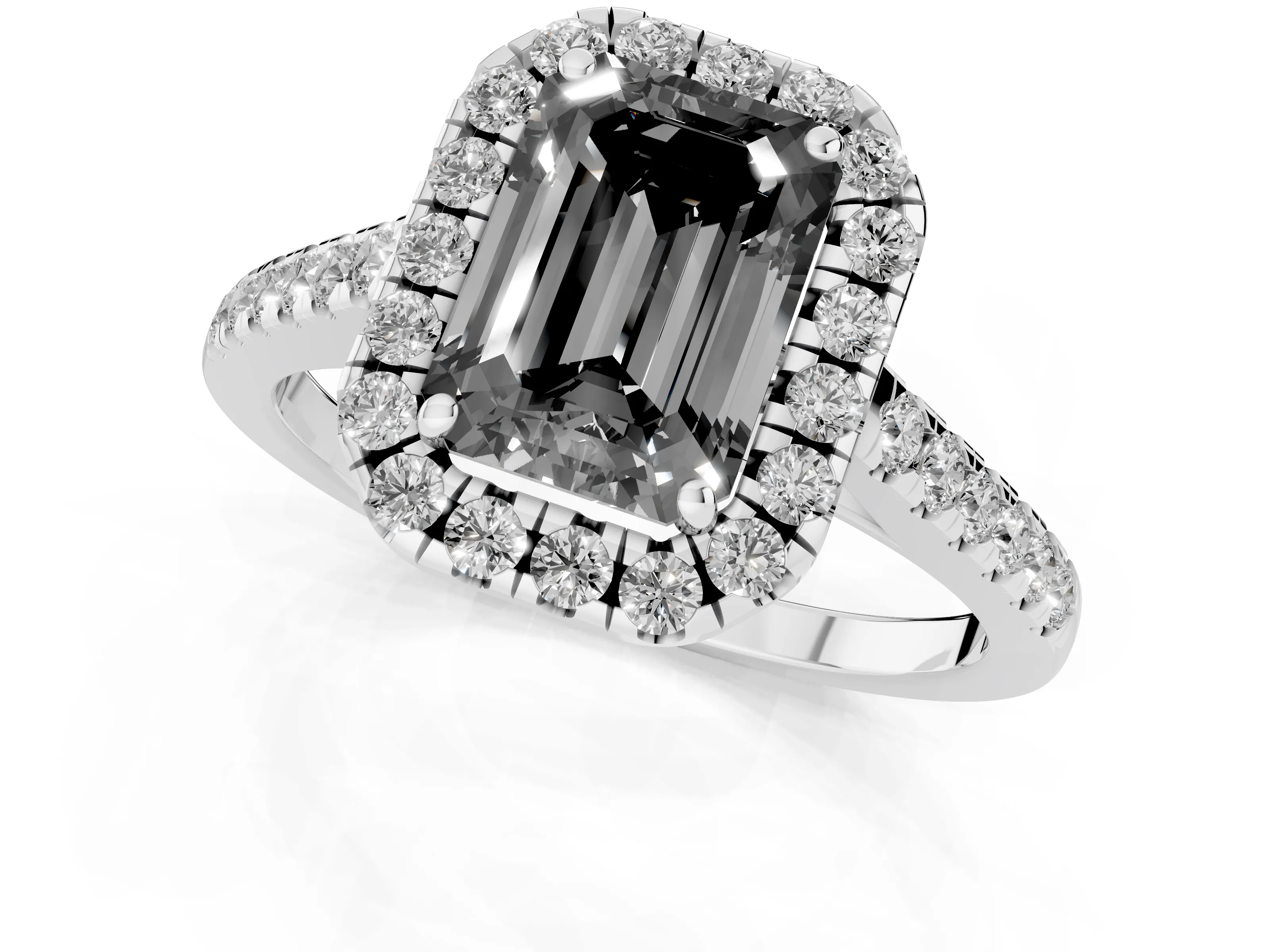 Fancy Black Emerald Cut Diamond Halo Pavé Engagement Ring Set in Platinum with Prong Setting