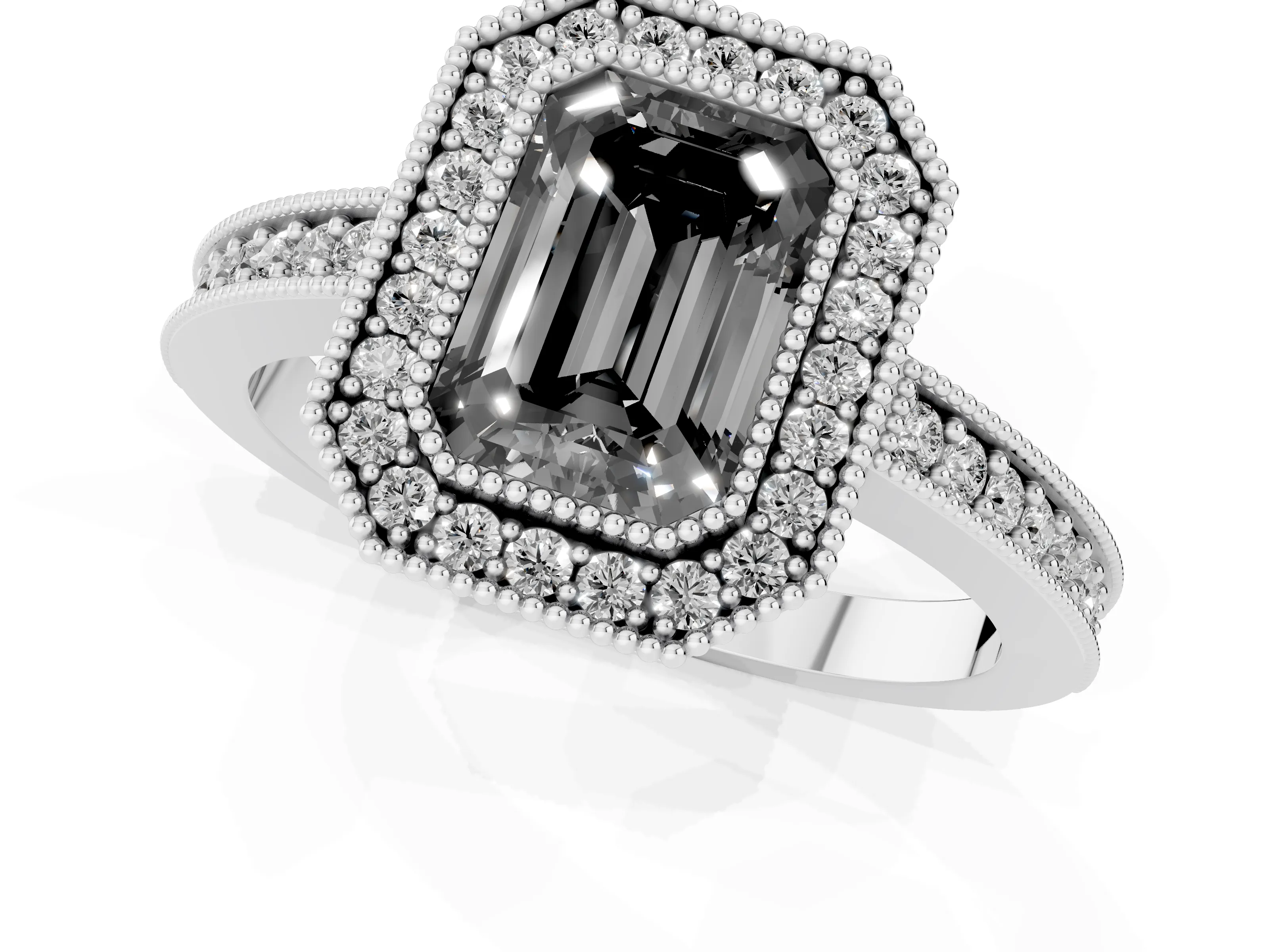 Fancy Black Emerald Cut Diamond Halo Engagement Ring Set in Platinum with Pavé Band and Round Halo Stones