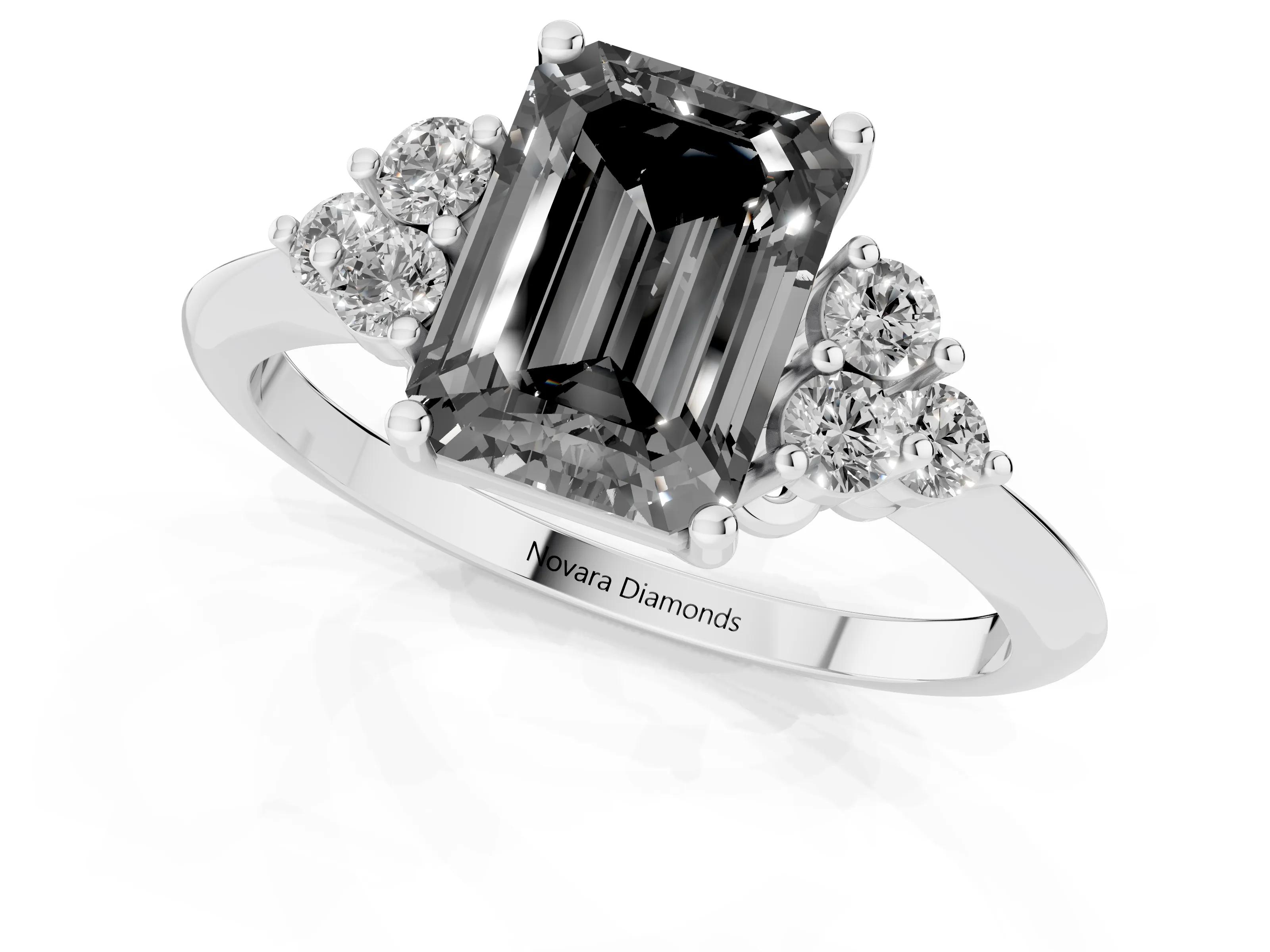 Fancy Black Emerald Cut Diamond Cluster Ring Set in White gold with Plain Band and Prong Setting – second view