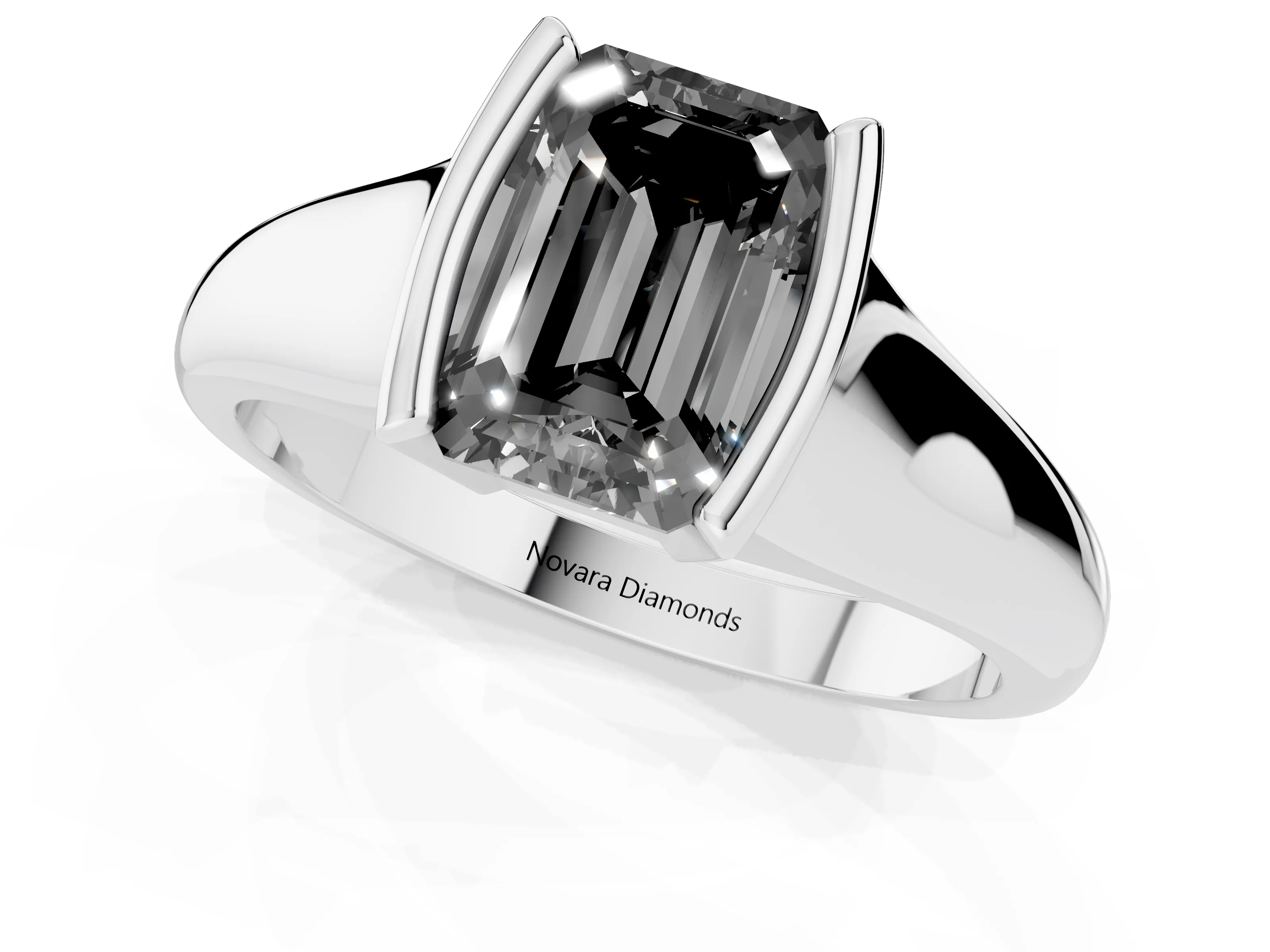 Fancy Black Emerald Cut Diamond Solitaire Tension Set Ring Set in White gold with Split Shank Band