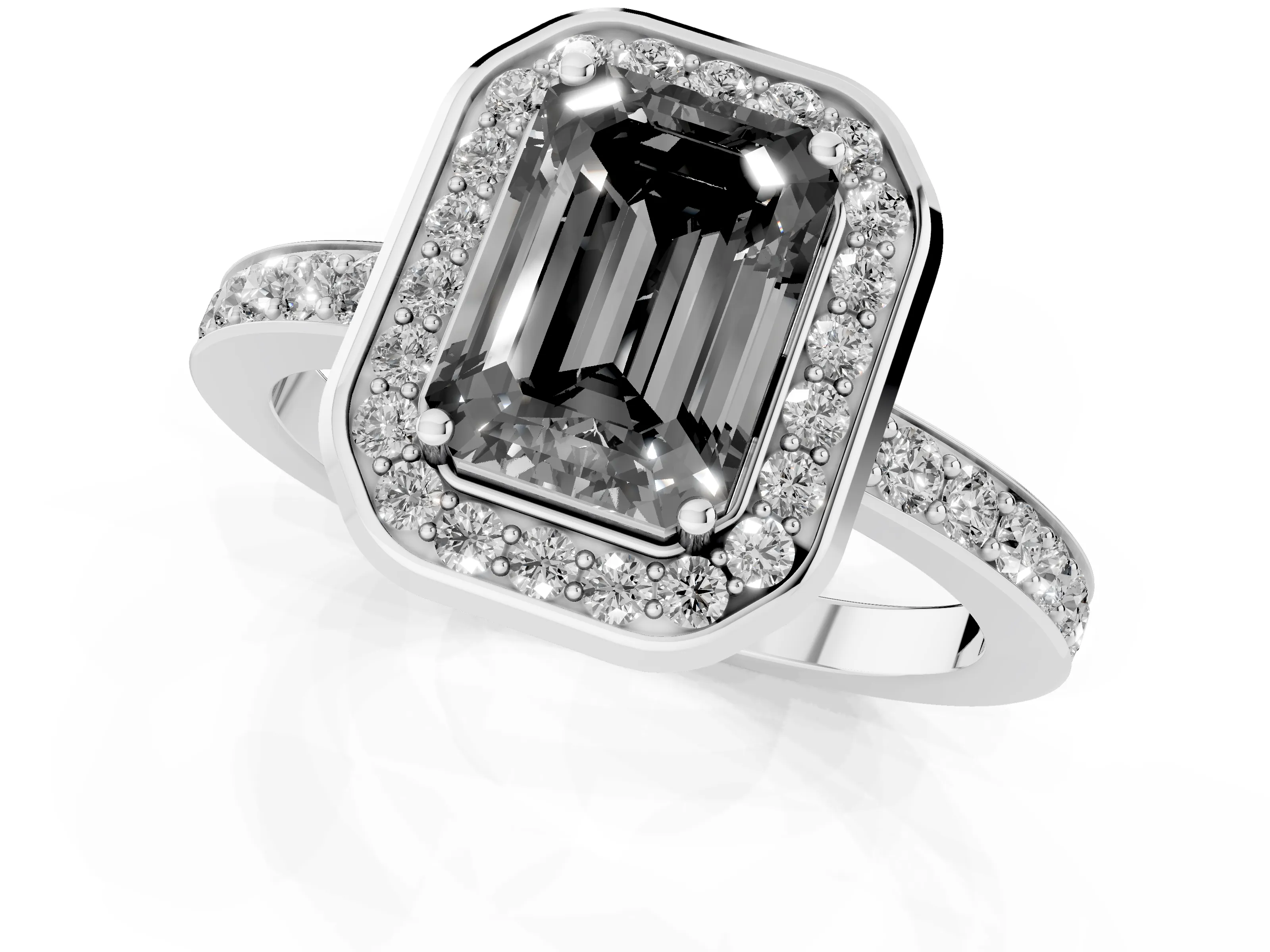 Fancy Black Emerald Cut Diamond Halo Ring Set in Platinum with Bezel Frame and Pavé Band
