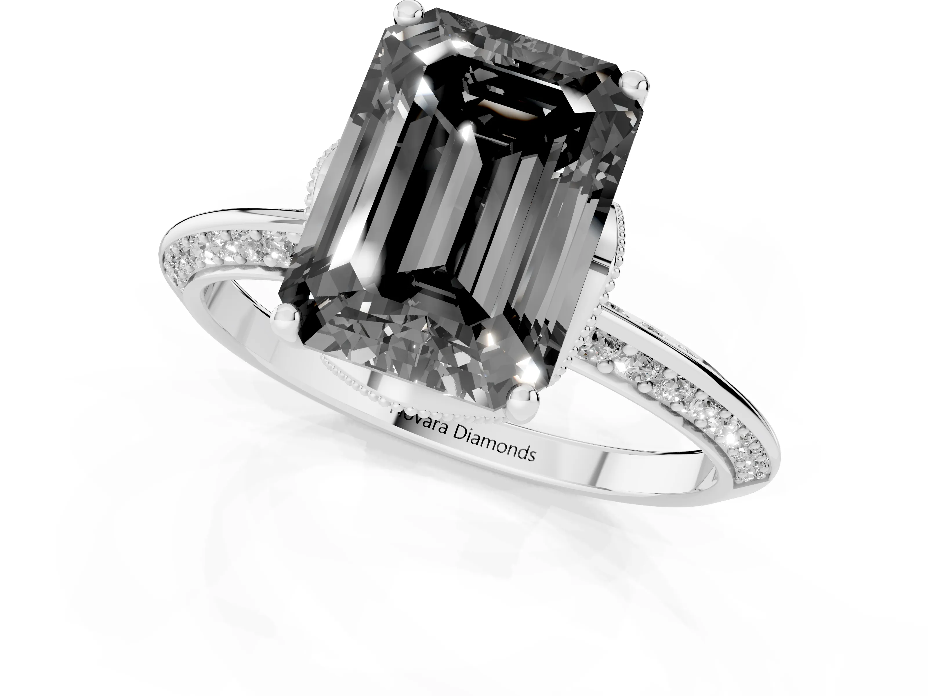 Fancy Black Emerald Cut Diamond Solitaire Engagement Ring Set in White gold with Pavé Split Shank and Prong Setting