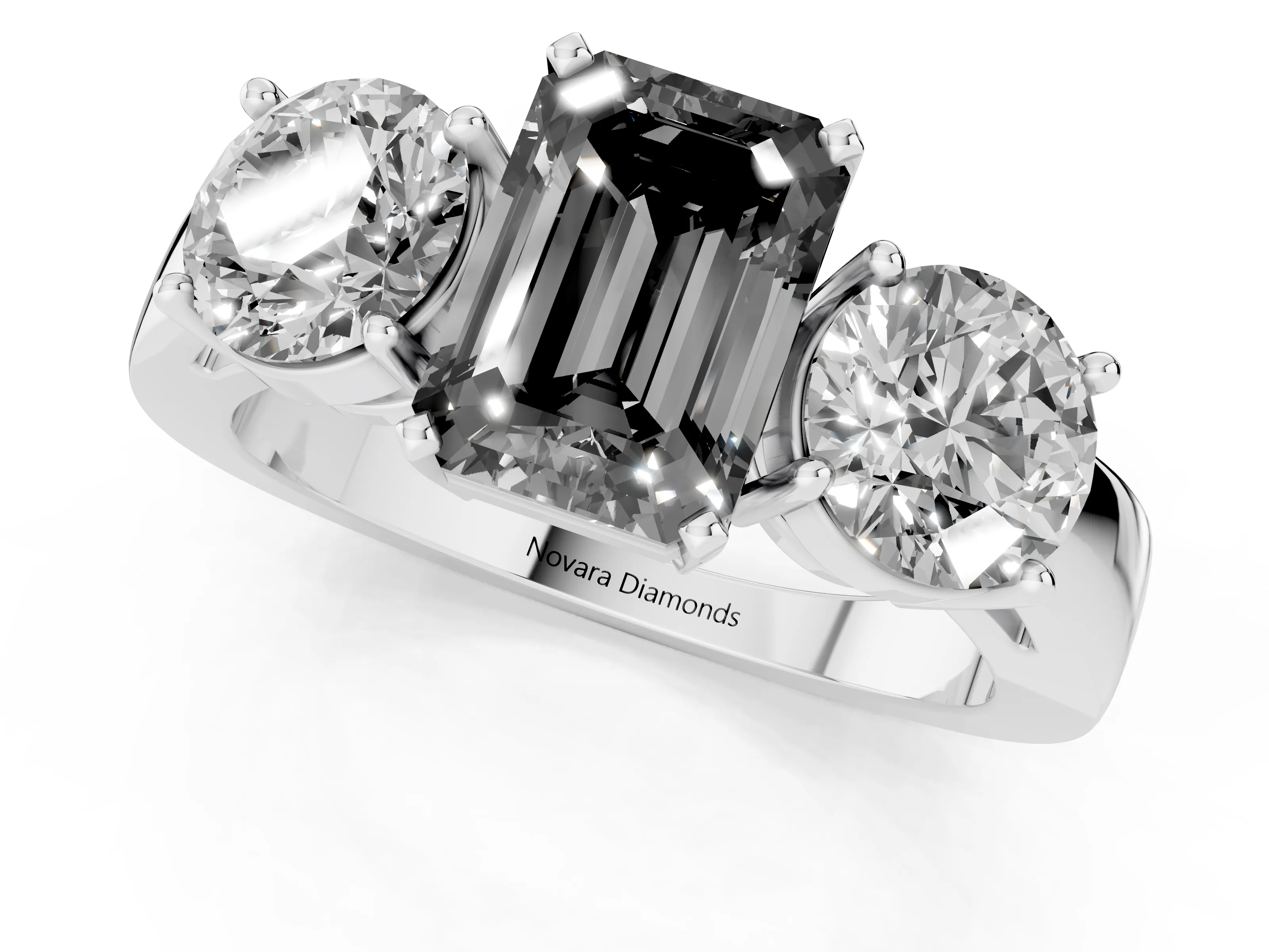 Fancy Black Emerald Cut Diamond Three-Stone Ring Set in Platinum with Round Side Stones and Classic Band