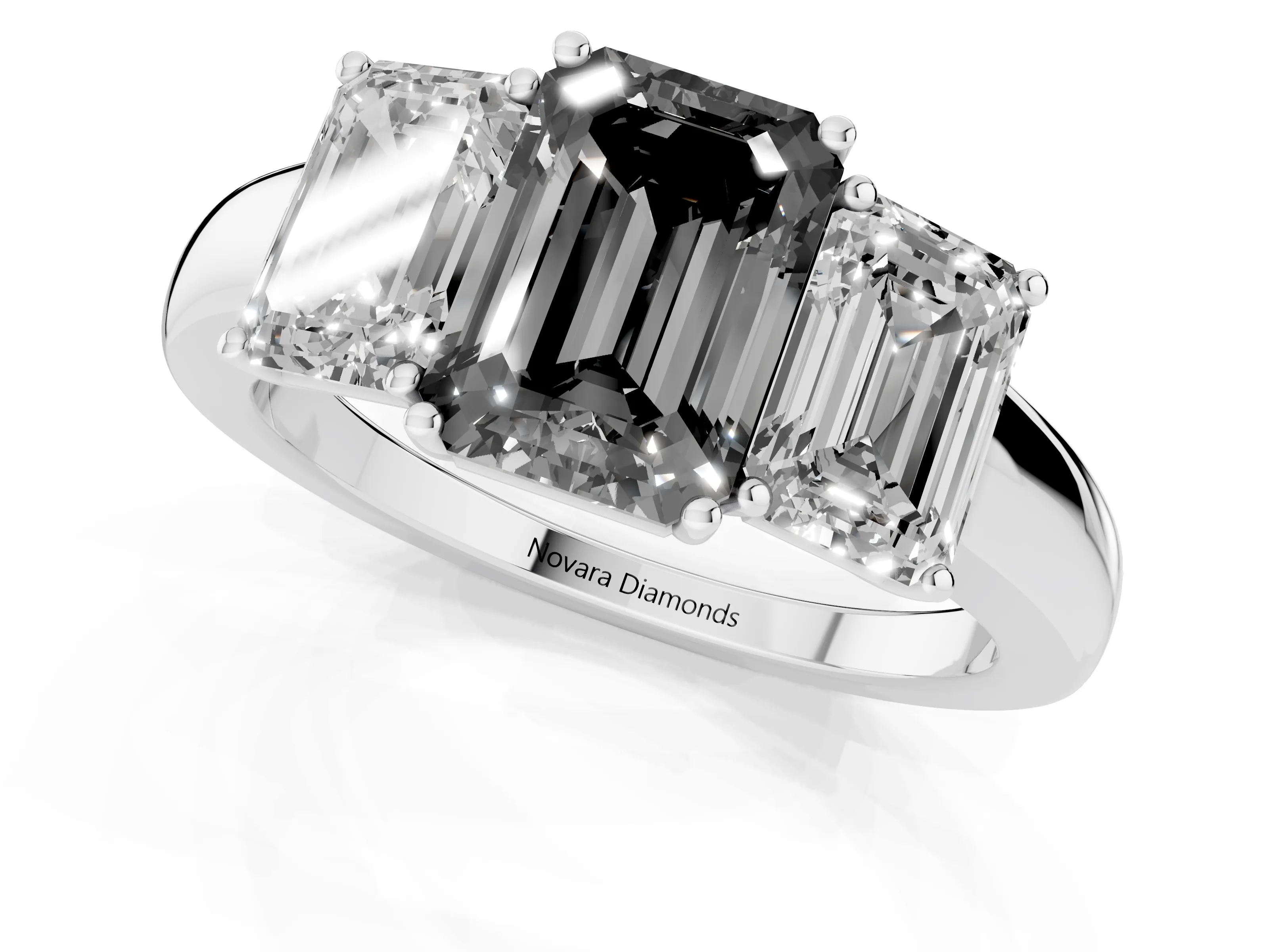 Fancy Black Emerald Cut Diamond Three-Stone Ring Set in Silver with Bold Center and Classic Band