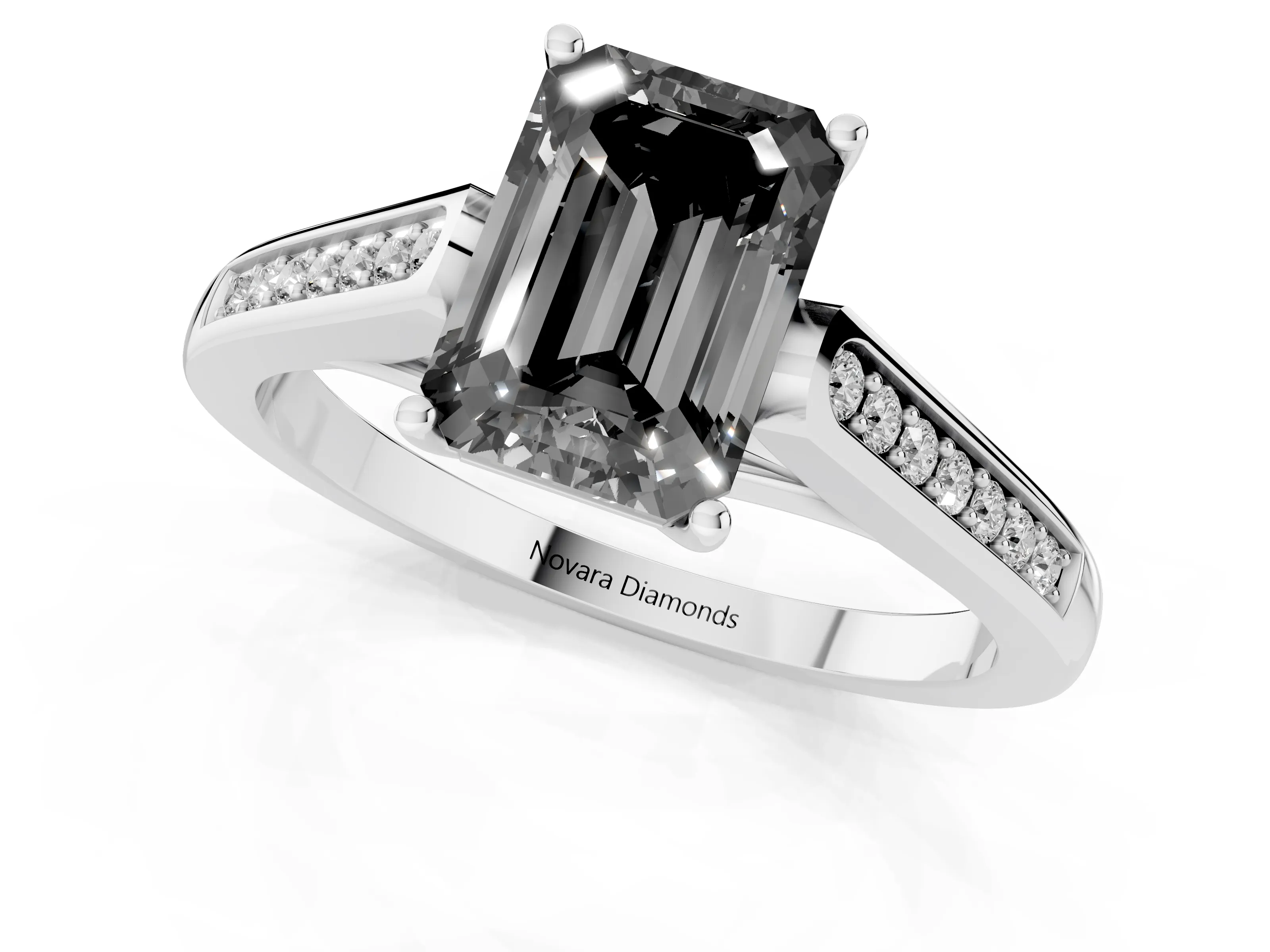 Fancy Black Emerald Cut Diamond Solitaire Cathedral Engagement Ring Set in White gold with Channel-Set Band and Prong Setting