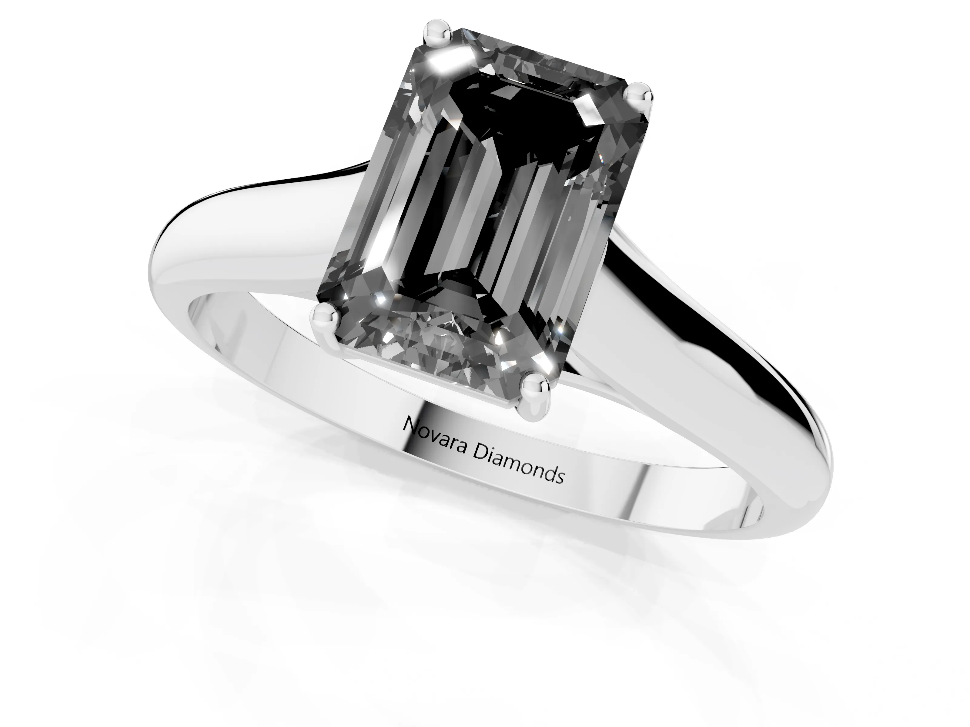 Fancy Black Emerald Cut Diamond Solitaire Engagement Ring Set in Platinum with Subtly Tapered Band and Prong Setting