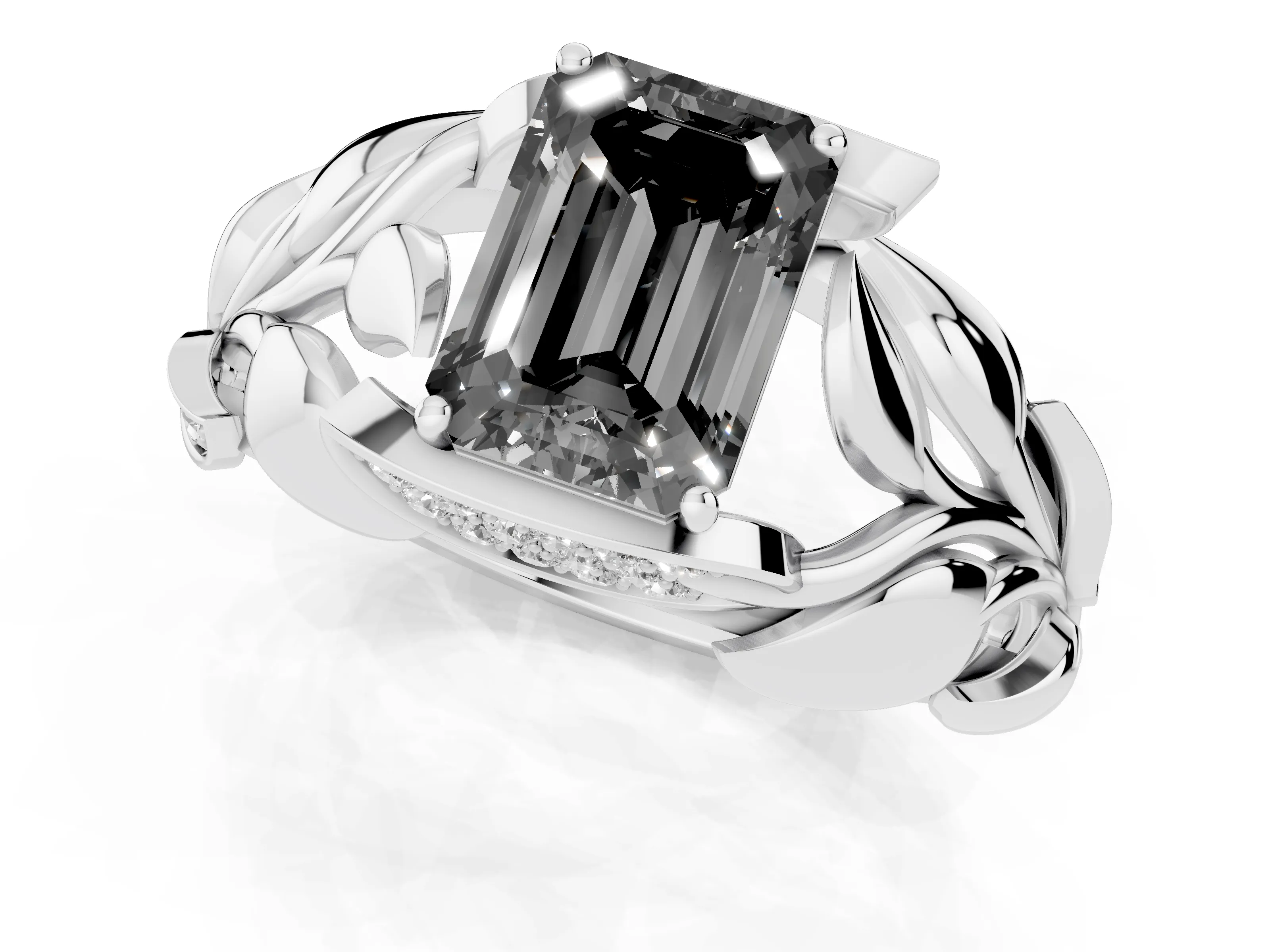 Fancy Black Emerald Cut Diamond Leaf-Inspired Engagement Ring Set in Silver with Round Accents