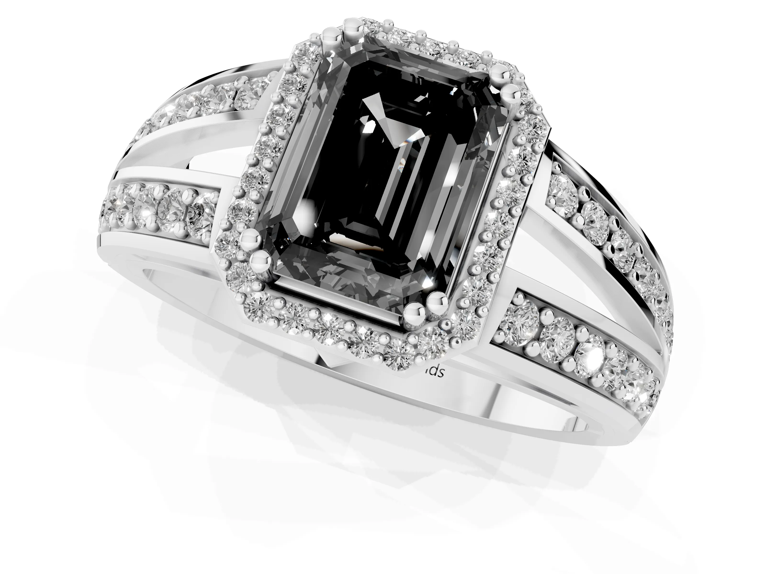 Fancy Black Emerald Cut Diamond Halo Ring Set in White gold with Double Pavé Split Shank