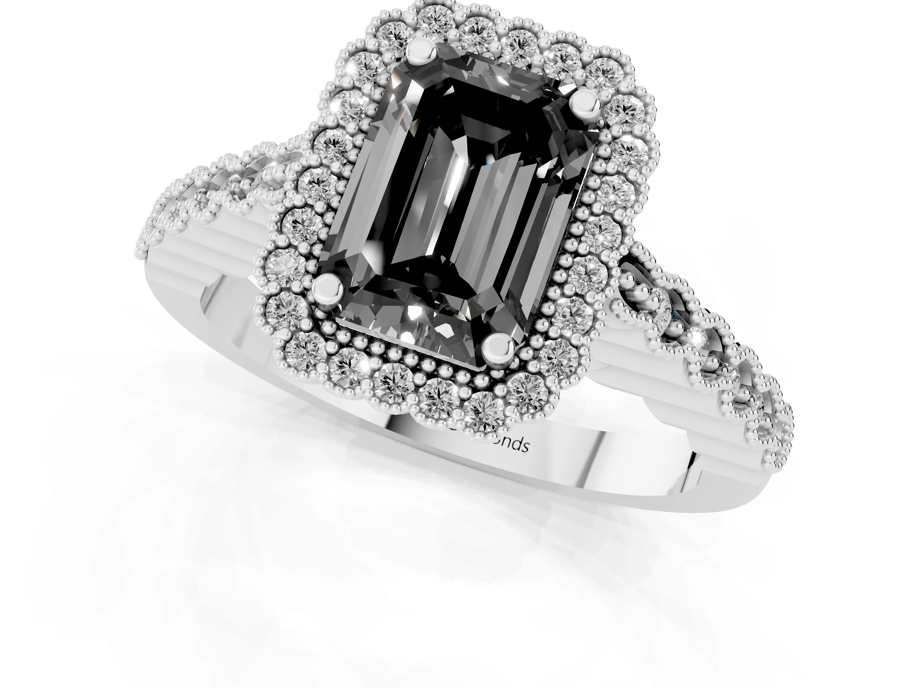 Fancy Black Emerald Cut Diamond Halo Ring Set in White gold with Pavé Milgrain Band