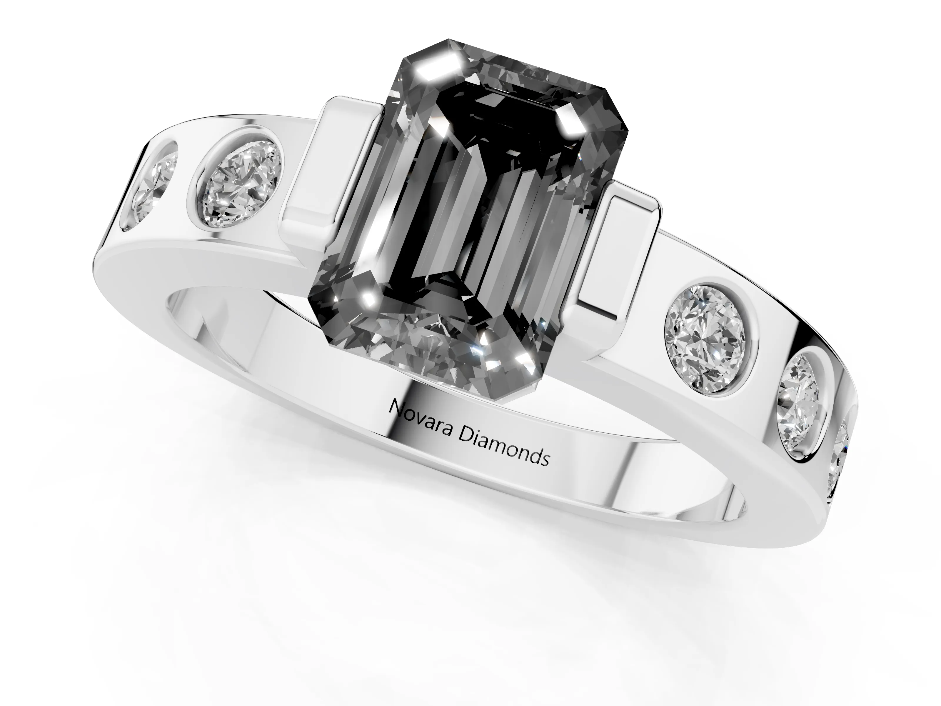 Fancy Black Emerald Cut Diamond Channel-Set Band Ring Set in Platinum with Bezel Prong Setting