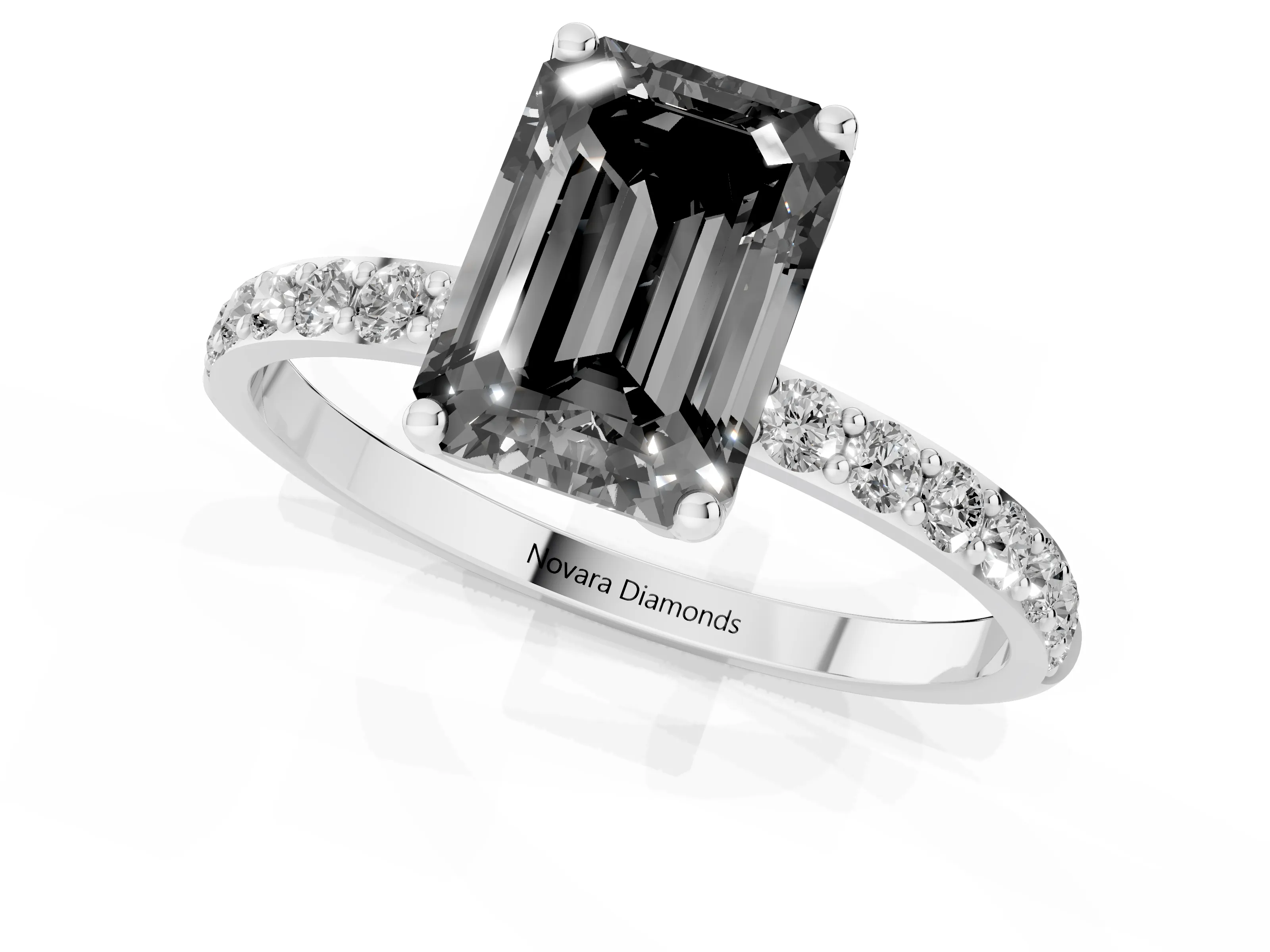 Fancy Black Emerald Cut Diamond Solitaire Engagement Ring Set in Platinum with Round Pavé Band and Prong Setting