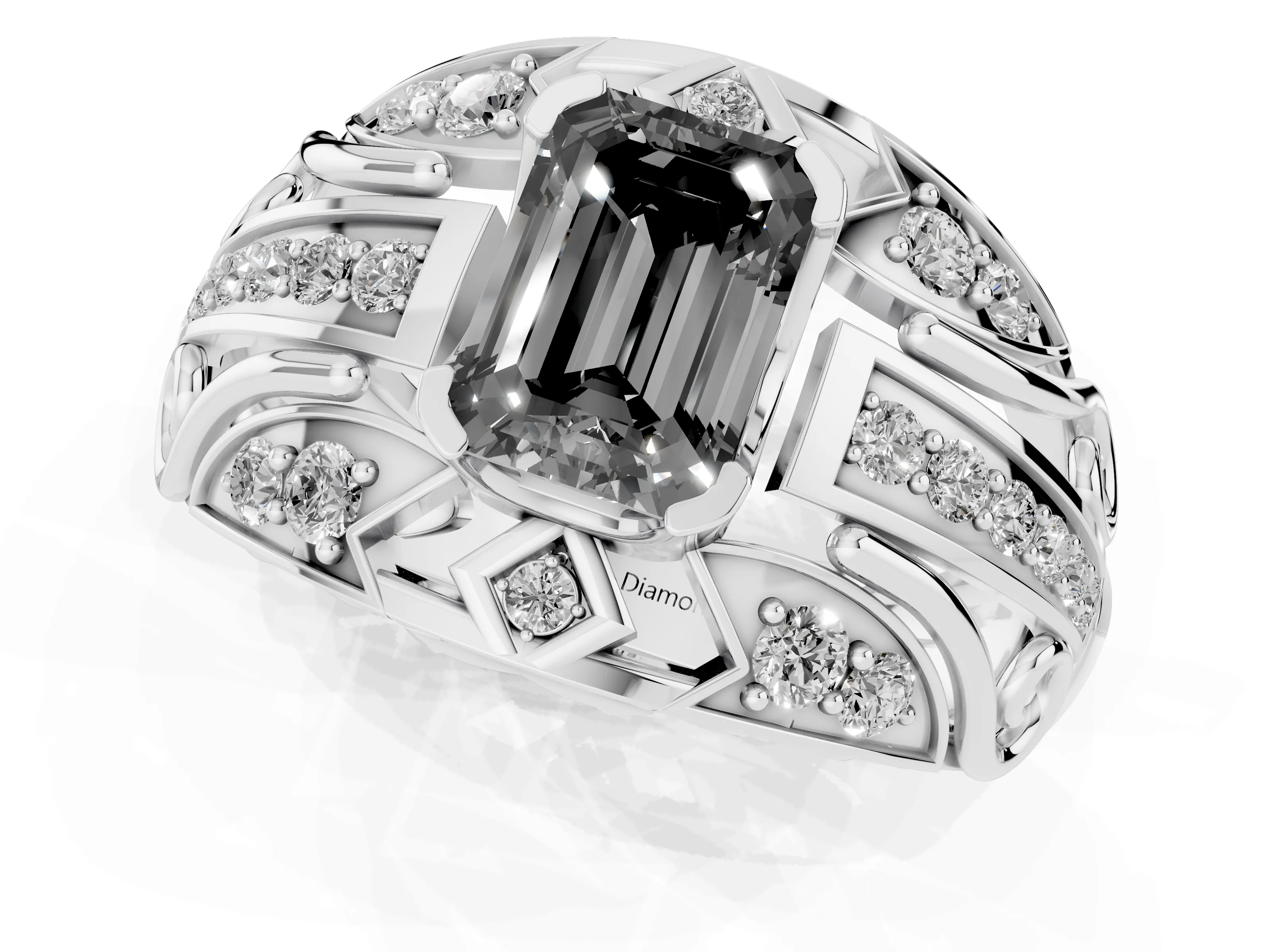 Fancy Black Emerald Cut Diamond Art Deco Ring Set in White gold with Pavé Split Shank – second view