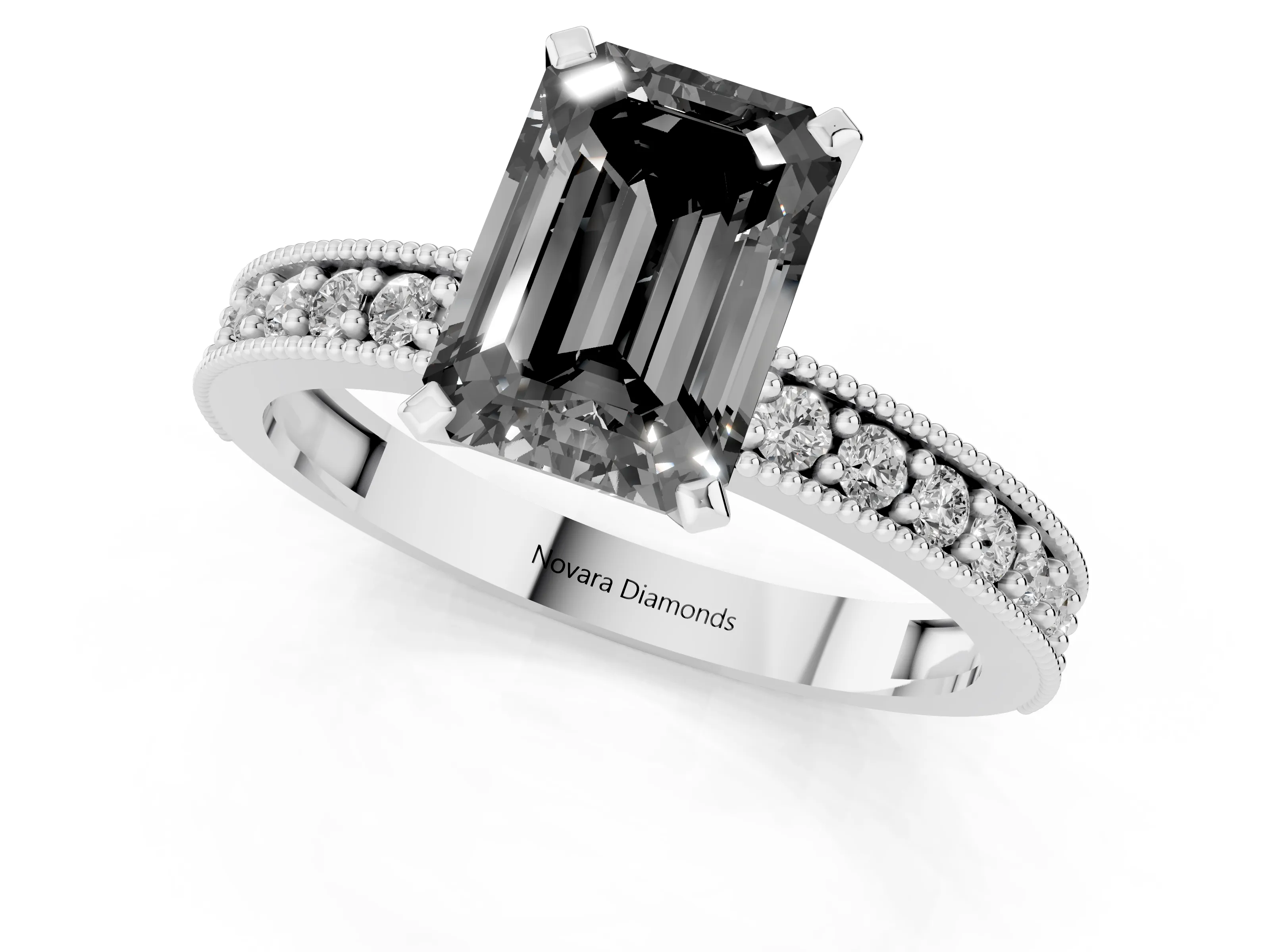 Fancy Black Emerald Cut Diamond Milgrain Pavé Engagement Ring Set in White gold with Prong Setting – second view
