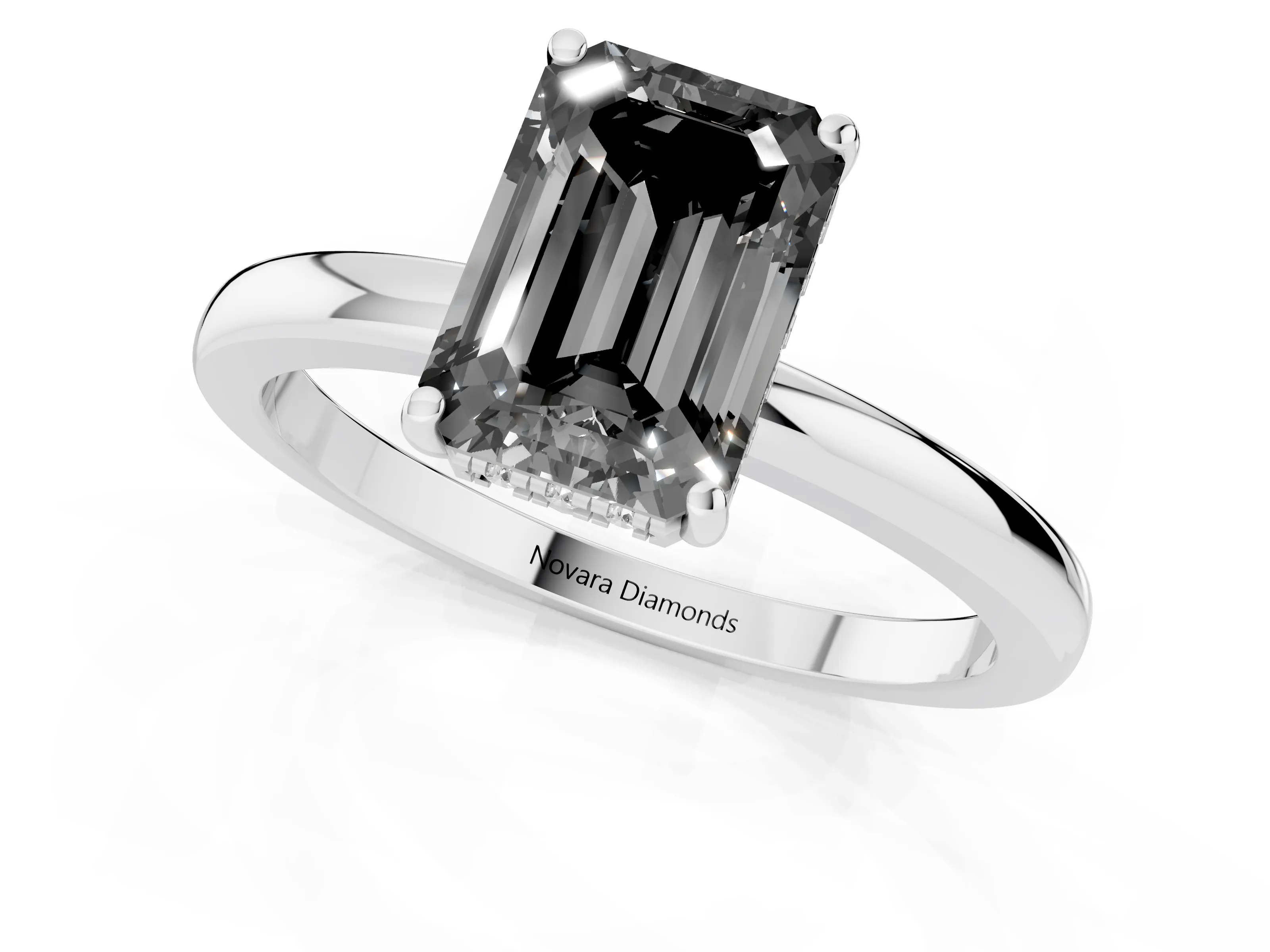 Fancy Black Emerald Cut Diamond Solitaire Ring Set in Platinum with Plain Band and Prong Setting