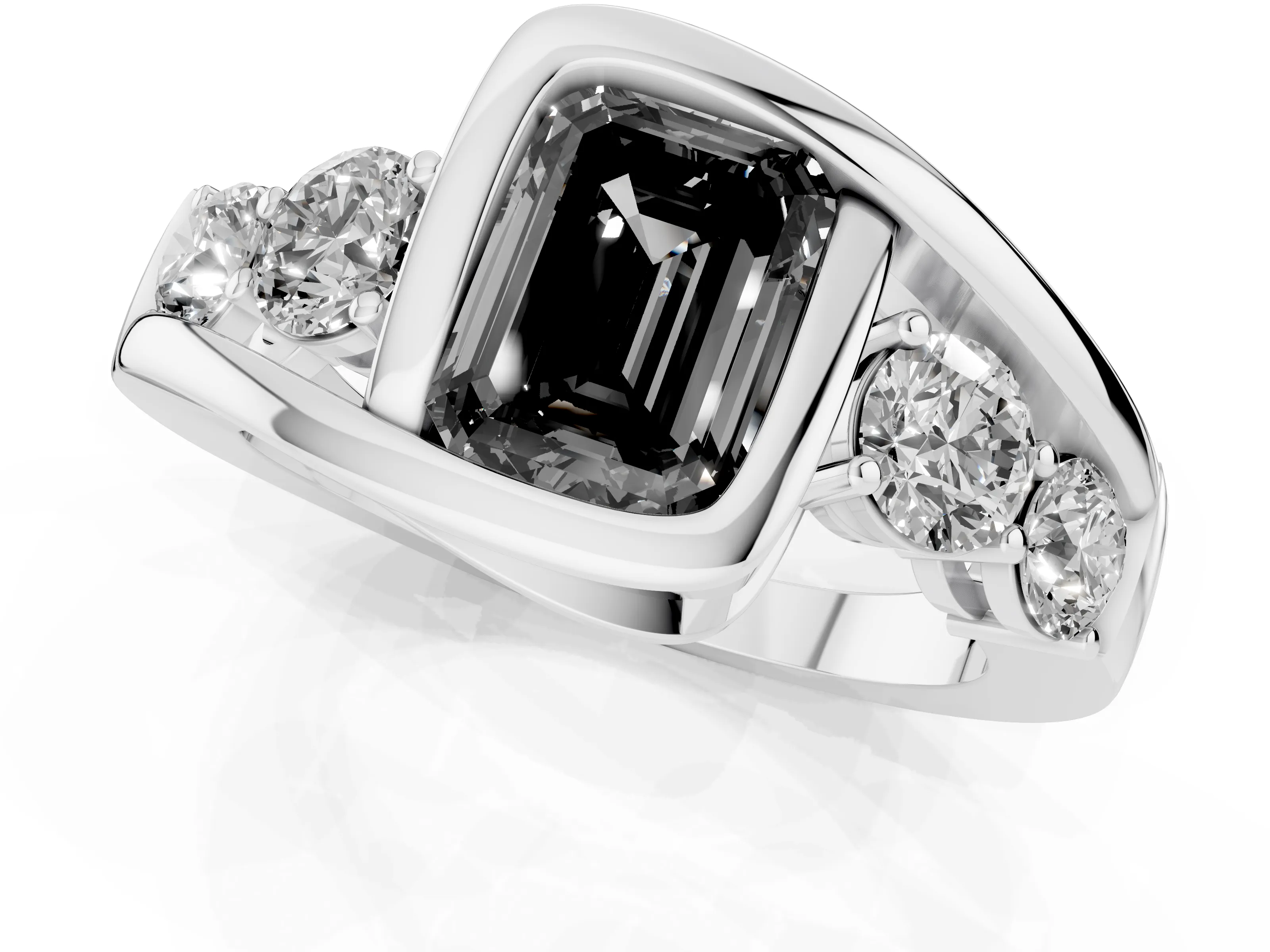 Fancy Black Emerald Cut Diamond Bezel Bypass Ring Set in Silver with Round Accents