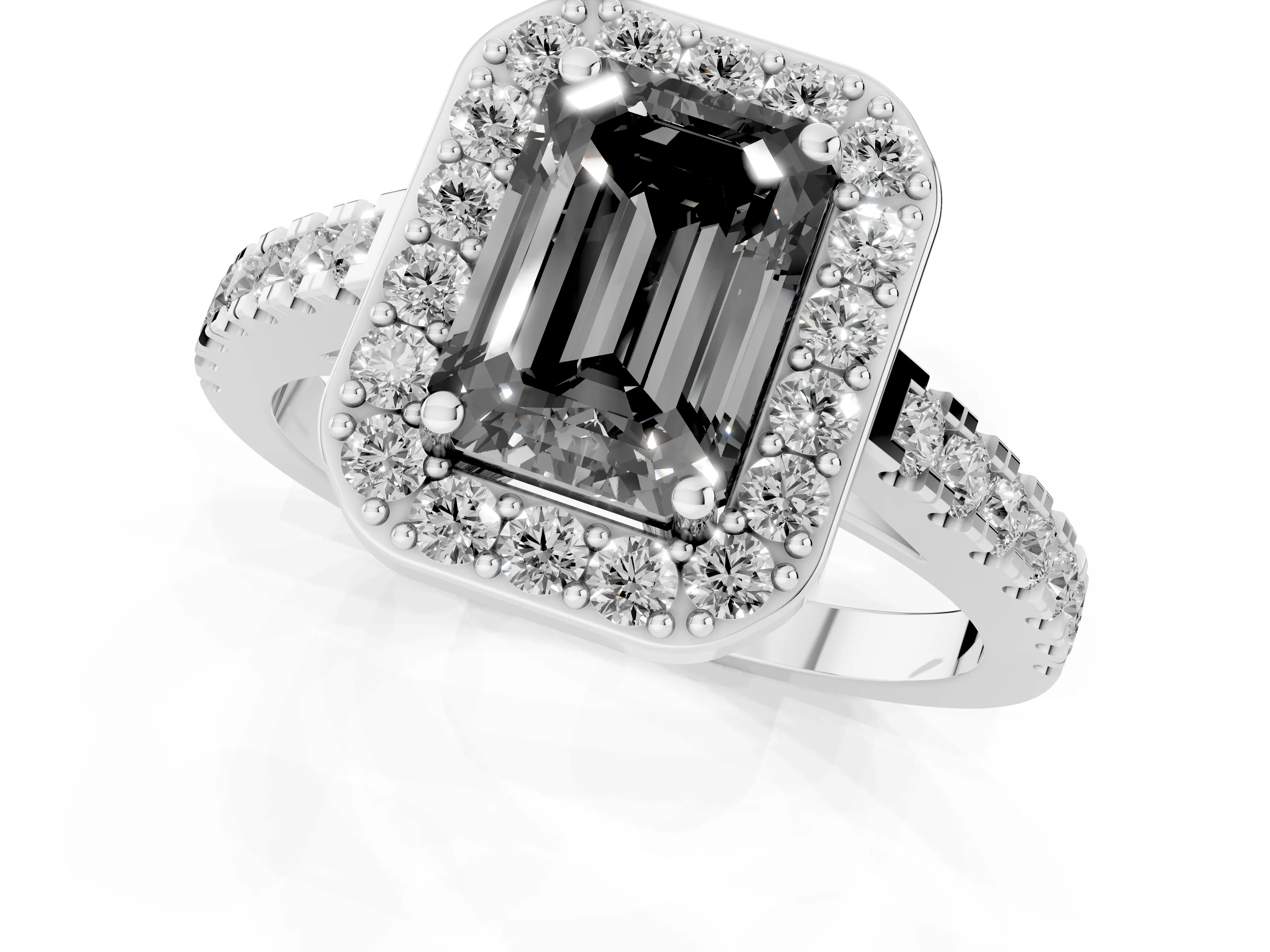 Fancy Black Emerald Cut Diamond Halo Ring Set in Silver with Round Pavé Split Shank and Prong Setting