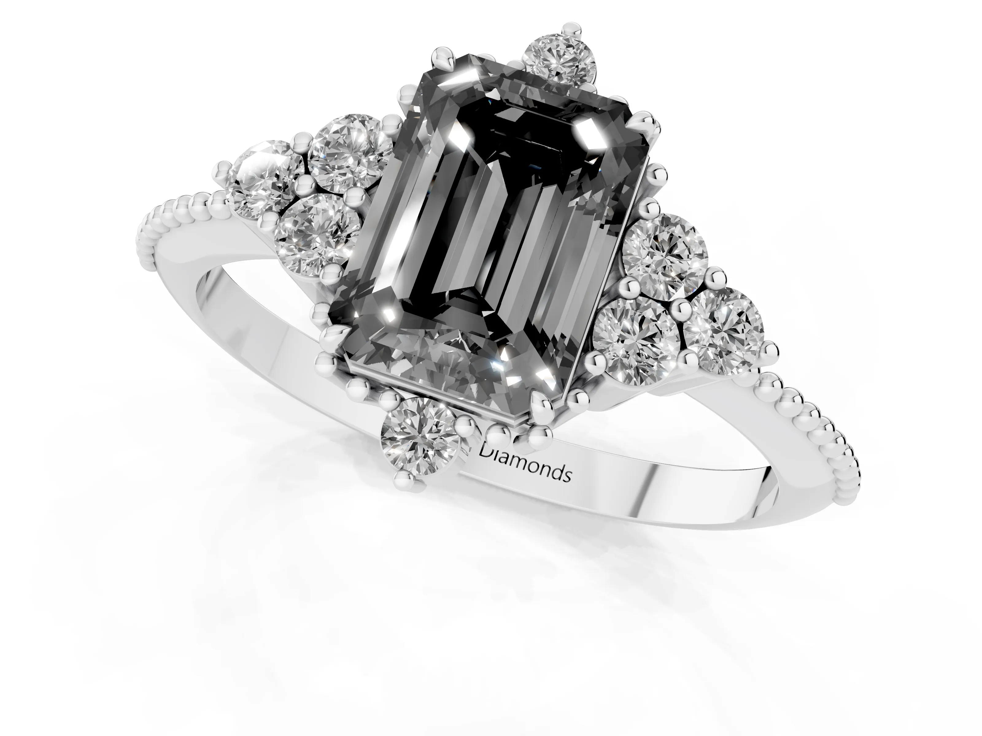 Fancy Black Emerald Cut Diamond Cluster Ring Set in Platinum with Beaded Band