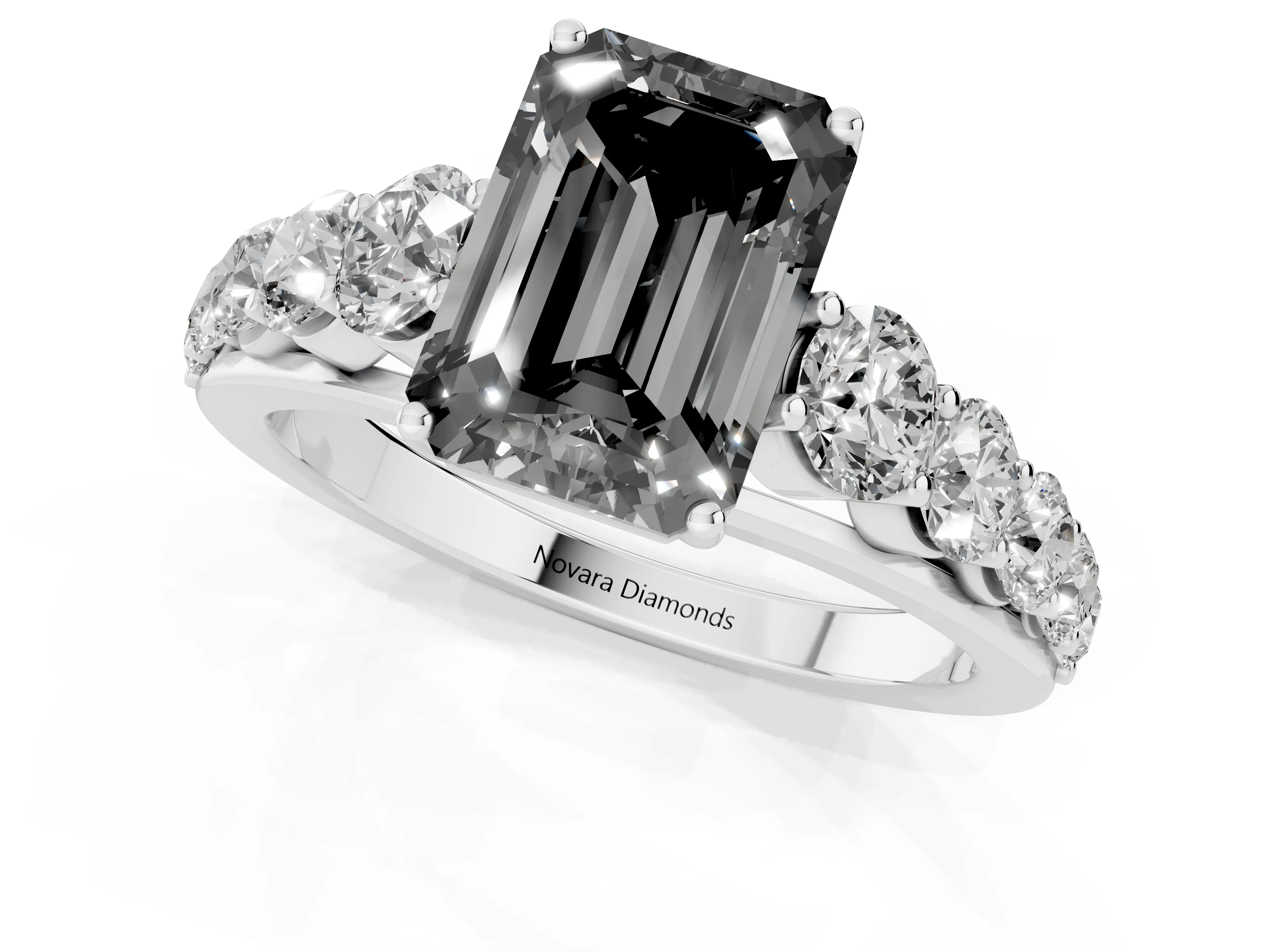 Fancy Black Emerald Cut Diamond Solitaire Ring Set in Platinum with Pavé-Set Band and Prong Setting