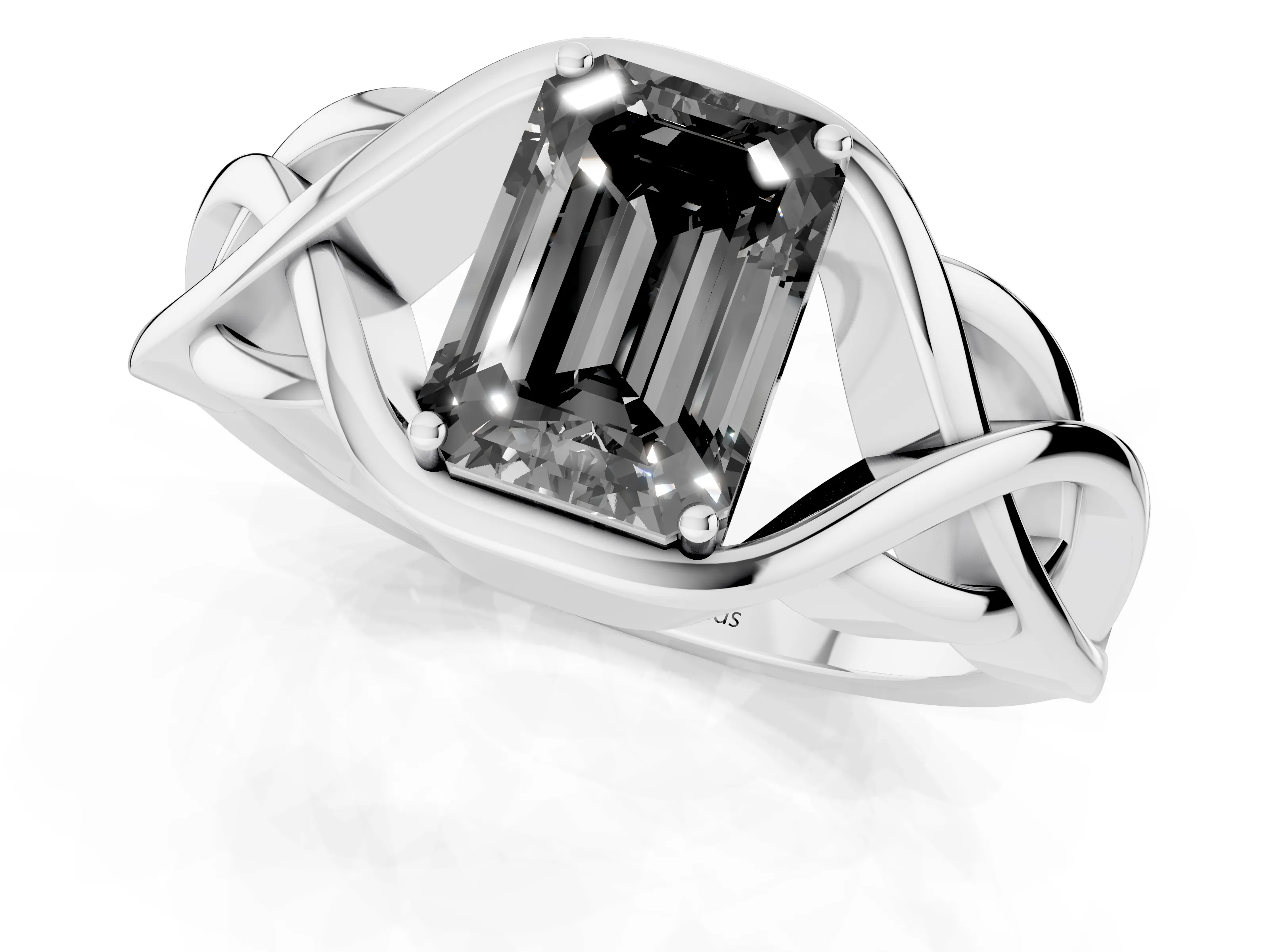 Fancy Black Emerald Cut Diamond Solitaire Ring Set in Platinum with Intertwined Band