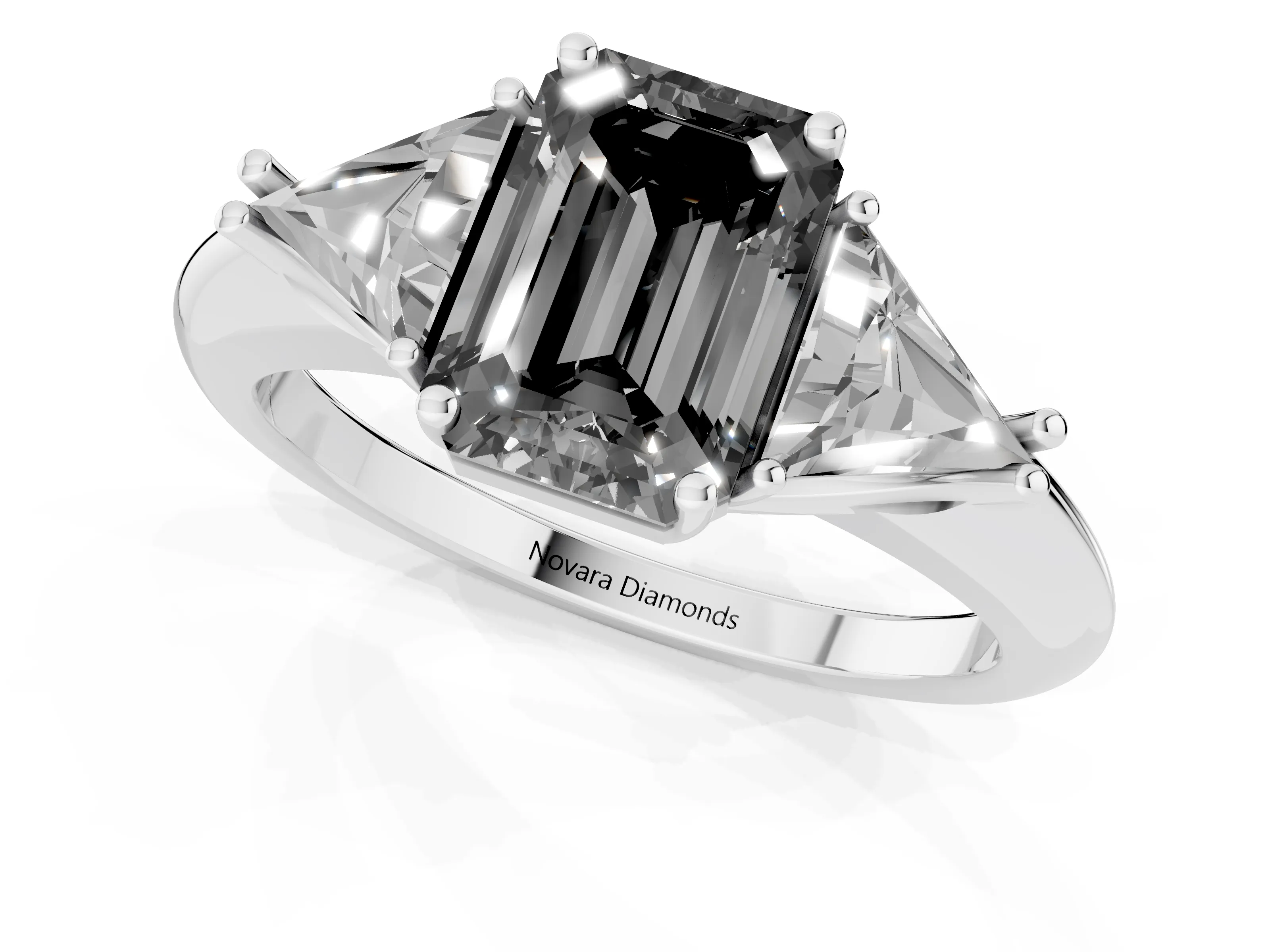 Fancy Black Emerald Cut Diamond Three-Stone Engagement Ring Set in Platinum with Trillion Side Stones