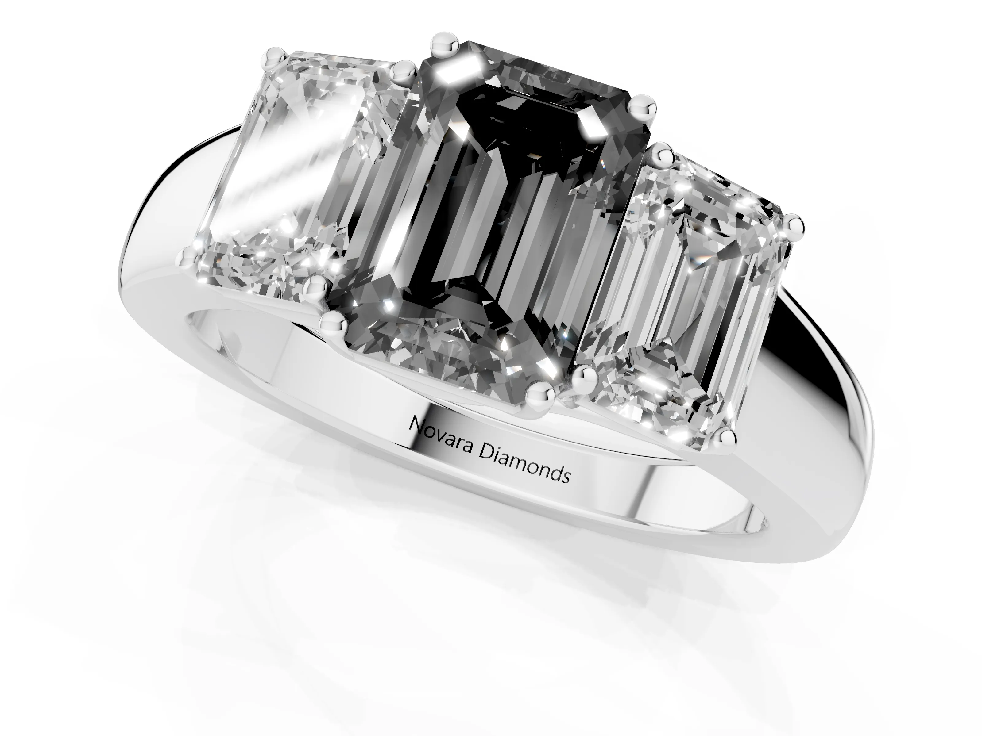 Fancy Black Three-Stone Emerald Cut Diamond Ring Set in Platinum with Matching Prong Settings and Plain Band