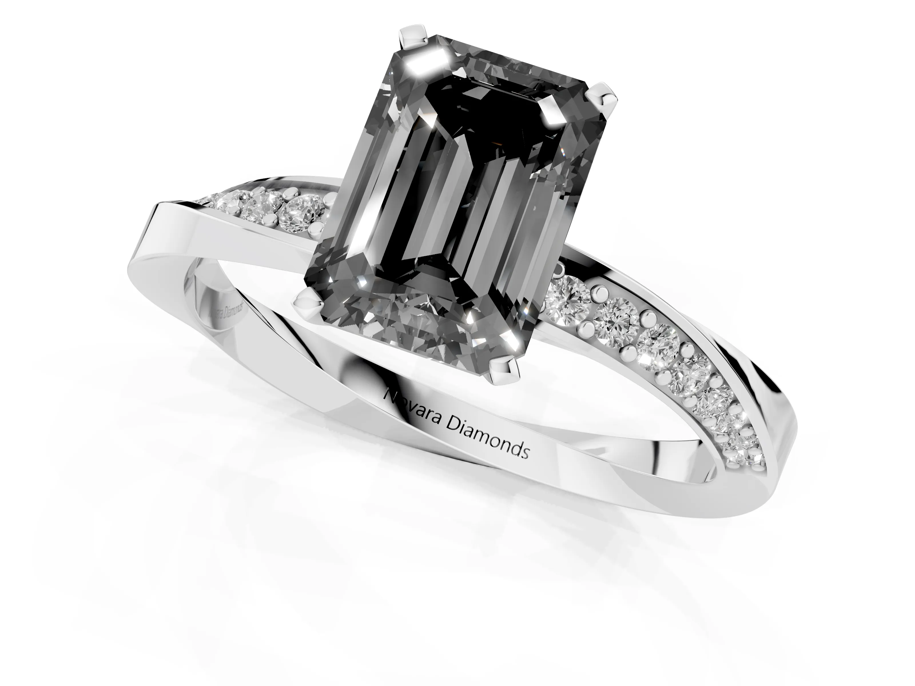 Fancy Black Emerald Cut Diamond Engagement Ring Set in Platinum with Side Stone Accents and Prong Setting