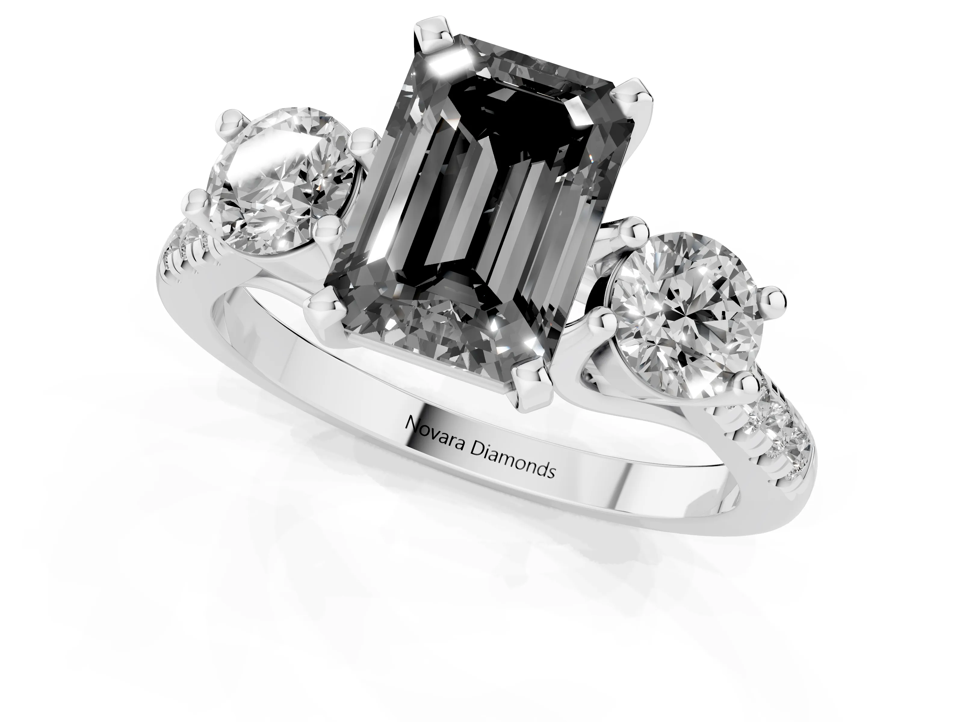 Fancy Black Three-Stone Emerald Cut Diamond Pavé Band Ring Set in Platinum with Prong-Set Trio