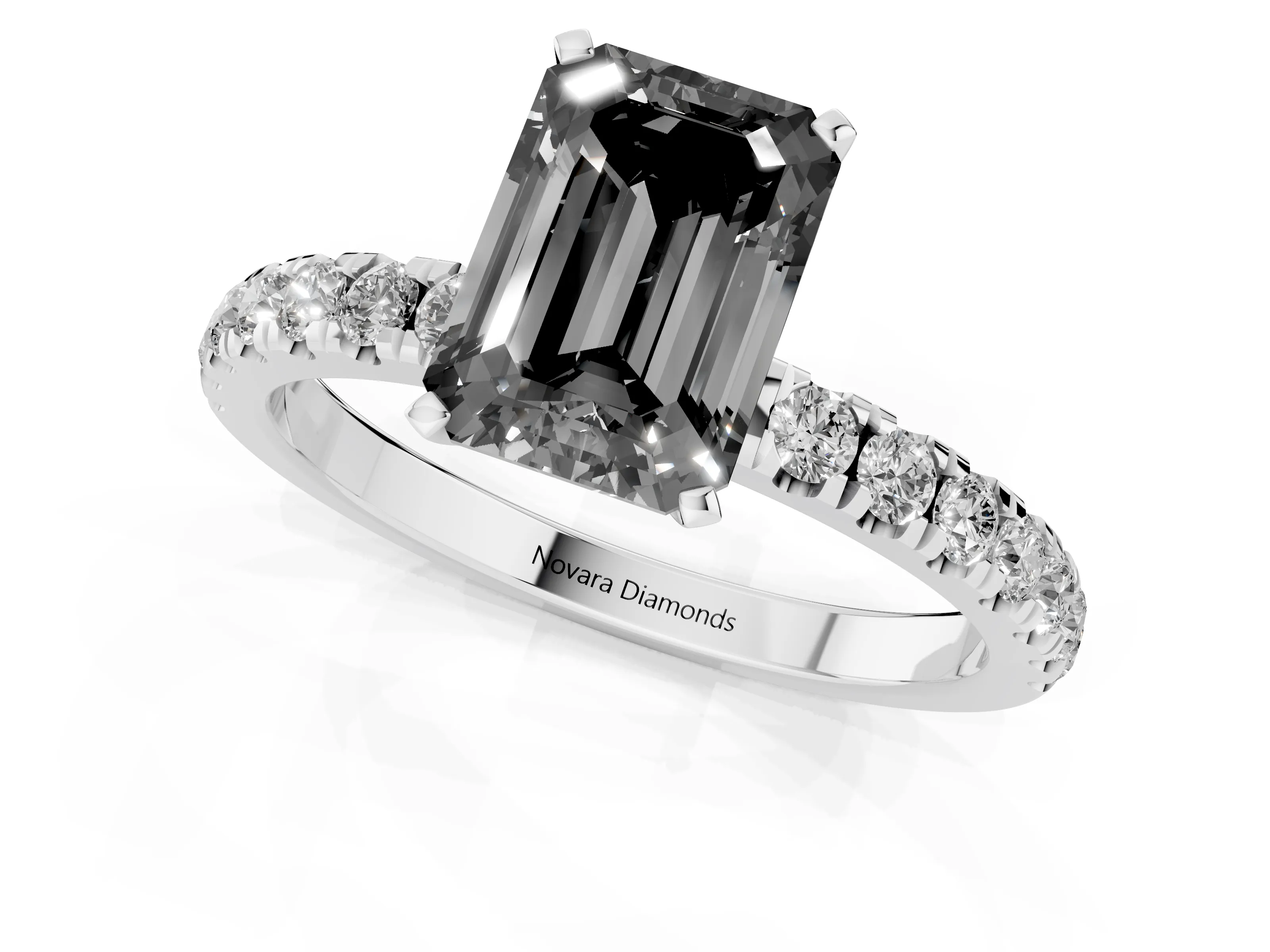 Fancy Black Emerald Cut Diamond Solitaire Ring Set in Platinum with Pavé Accents and Prong Setting