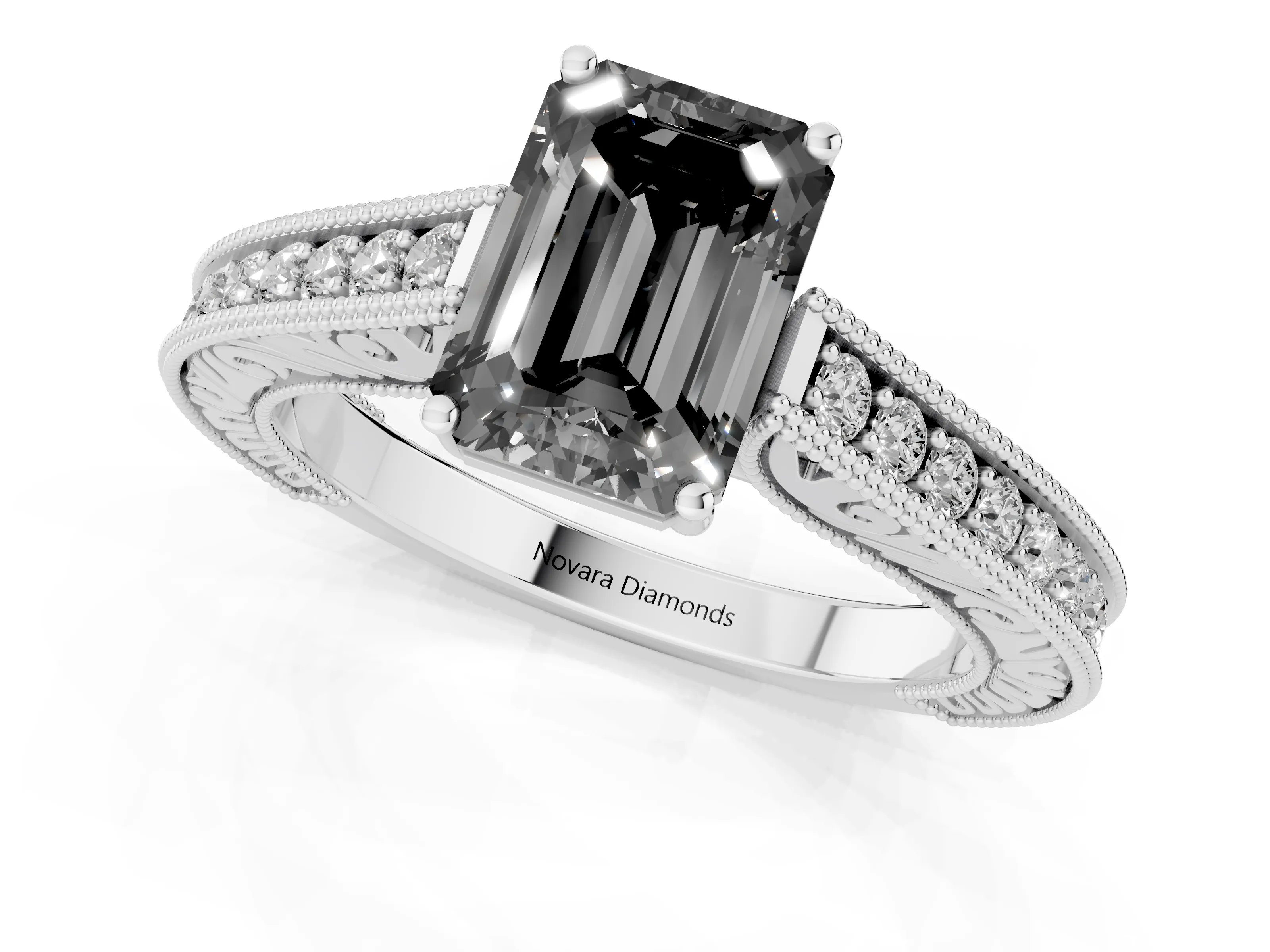 Fancy Black Emerald Cut Diamond Milgrain Pavé Band Solitaire Ring Set in Platinum with Prong Setting