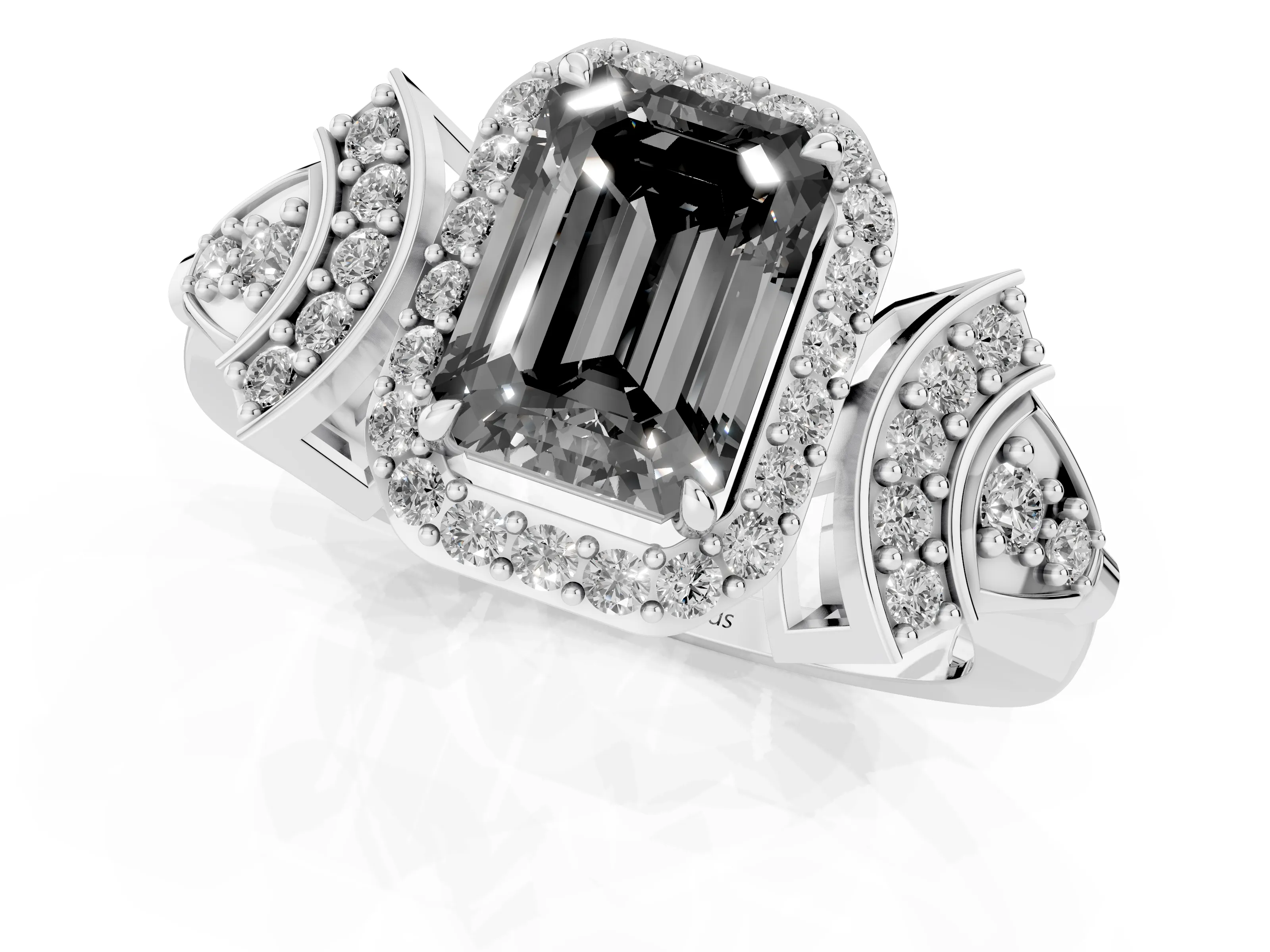 Fancy Black Emerald Cut Diamond Halo Engagement Ring Set in Silver with Accent Stone Split Shank