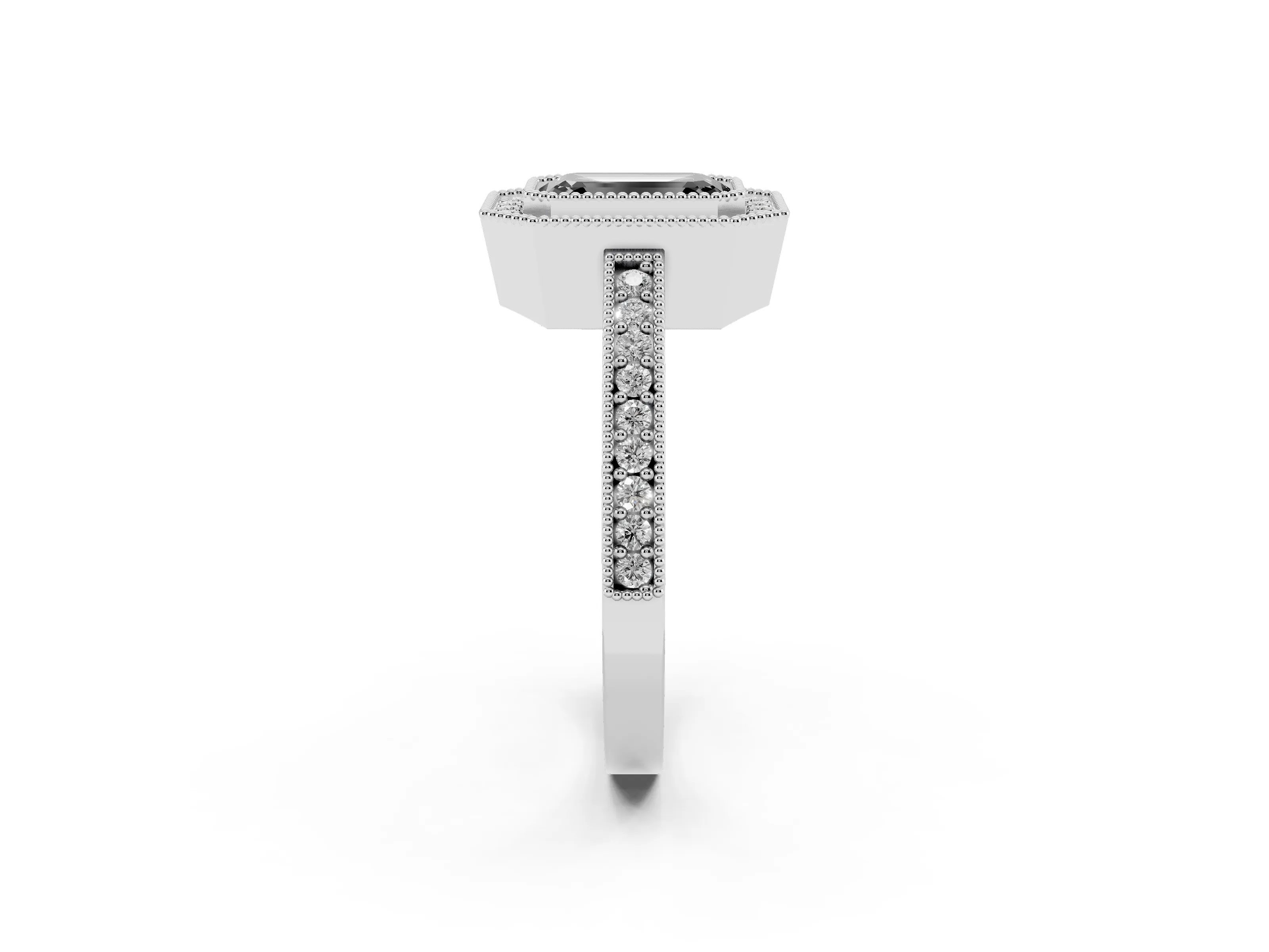 Fancy Black Emerald Cut Diamond Halo Engagement Ring Set in Platinum with Pavé Band and Round Halo Stones