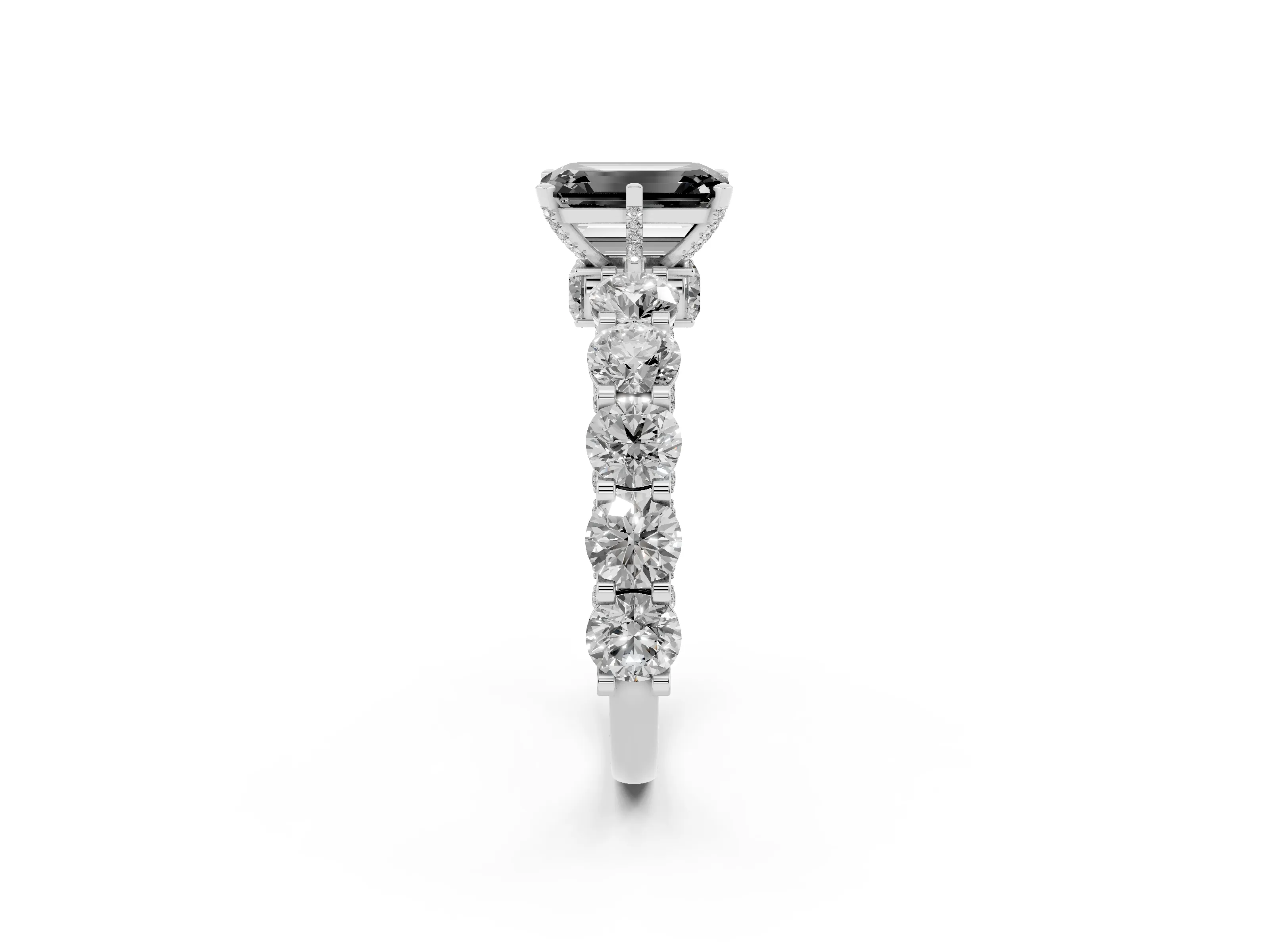 Fancy Black Emerald Cut Diamond Side Stone Ring Set in Silver with Alternating Round and Oval Side Stones