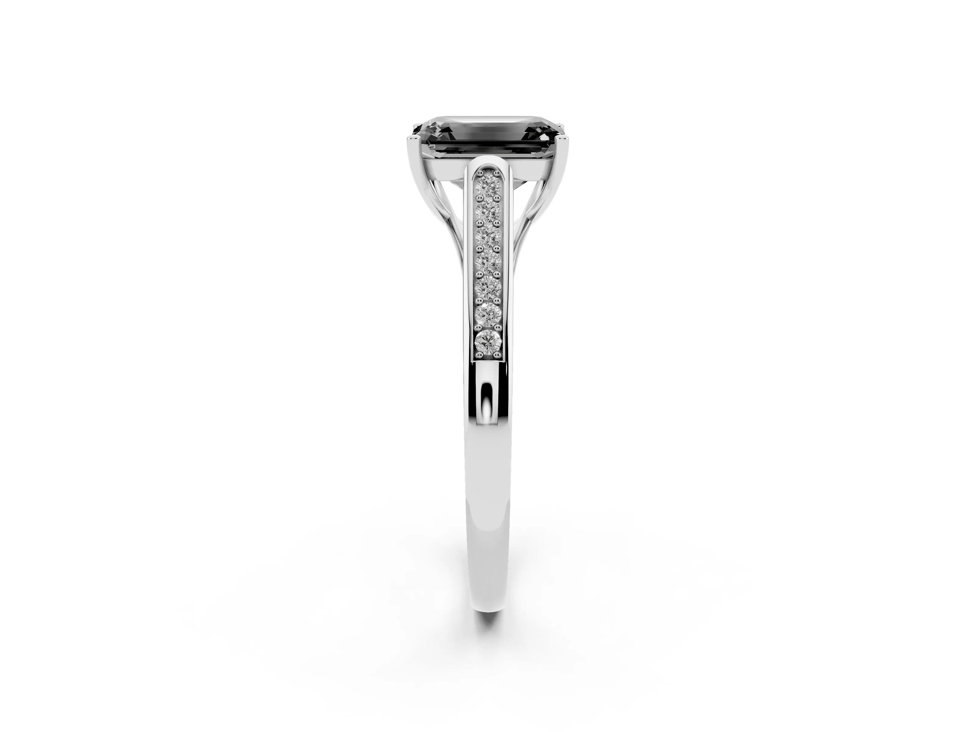 Fancy Black Emerald Cut Diamond Solitaire Cathedral Engagement Ring Set in White gold with Channel-Set Band and Prong Setting