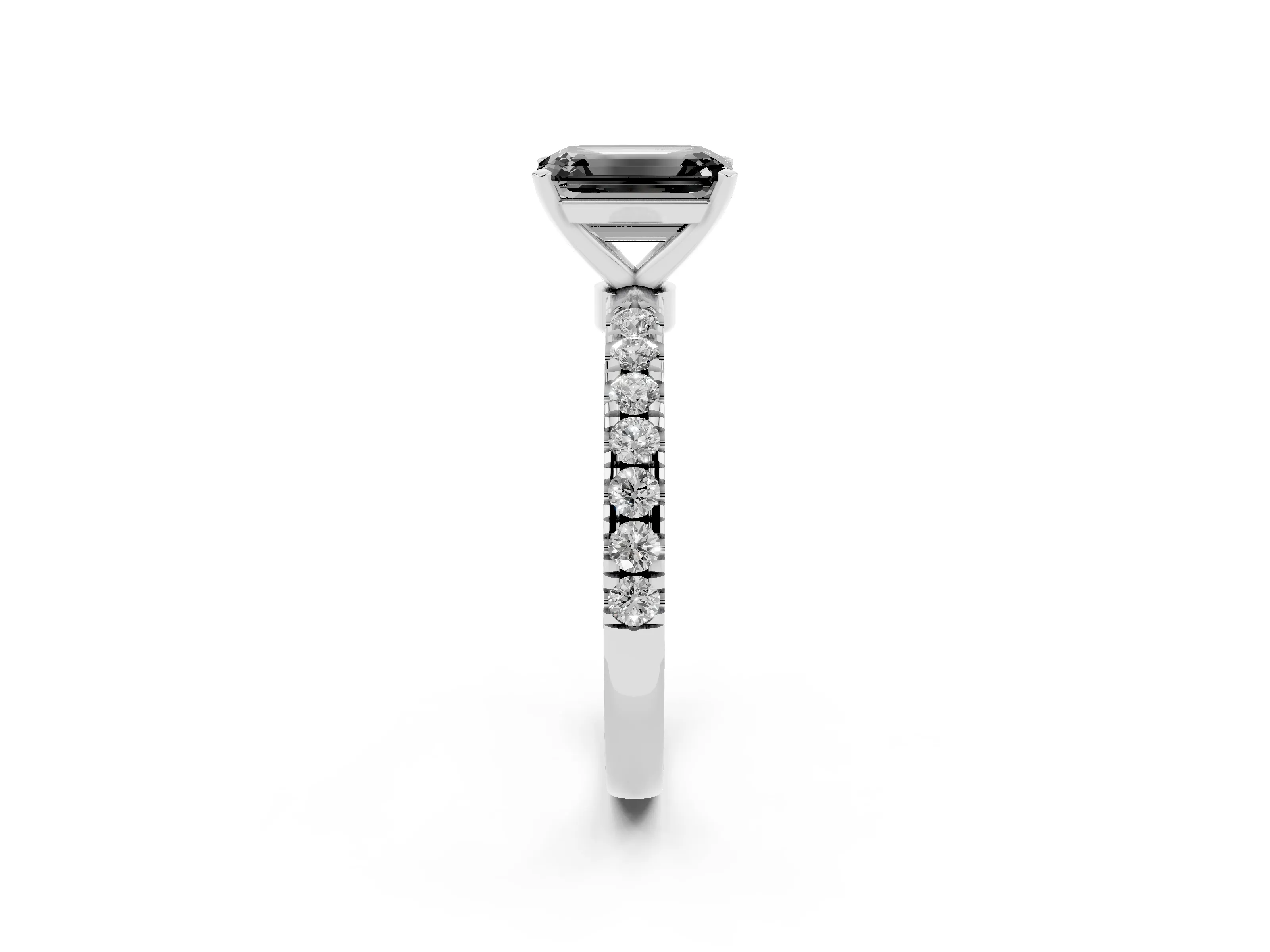 Fancy Black Emerald Cut Diamond Solitaire Ring Set in Platinum with Pavé Accents and Prong Setting