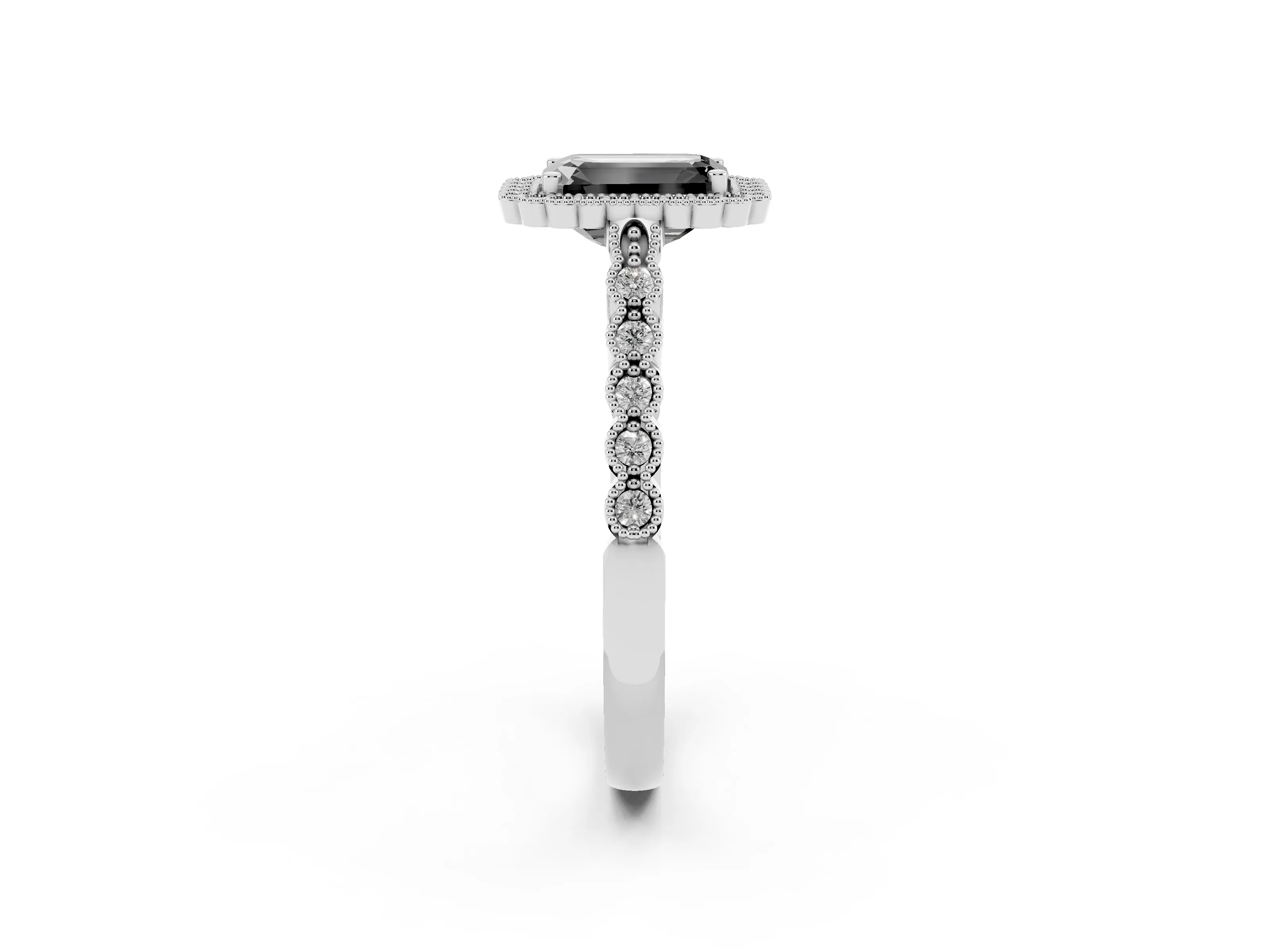 Fancy Black Emerald Cut Diamond Halo Ring Set in White gold with Pavé Milgrain Band
