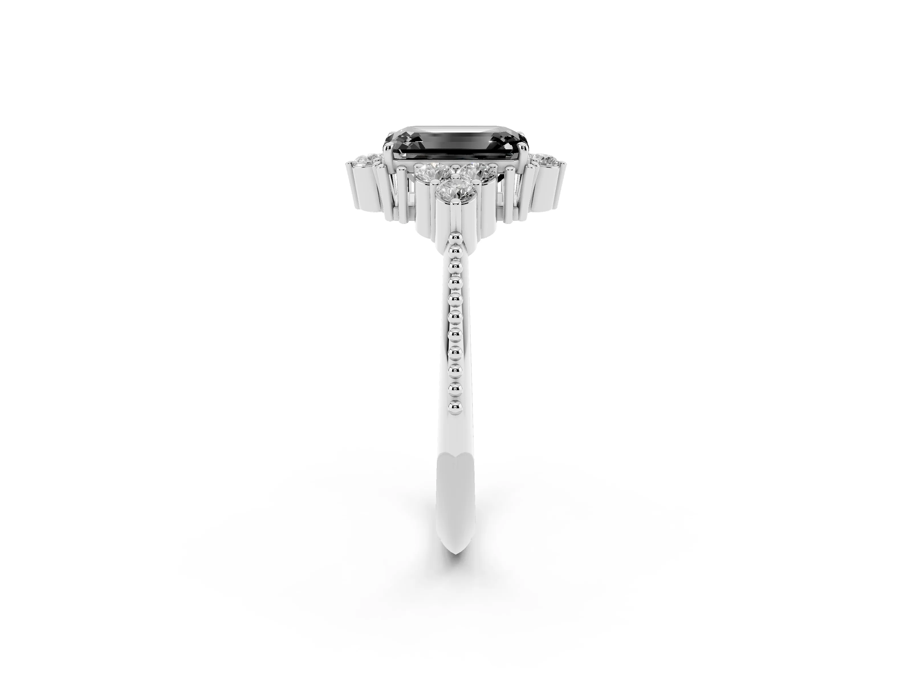Fancy Black Emerald Cut Diamond Cluster Ring Set in Platinum with Beaded Band