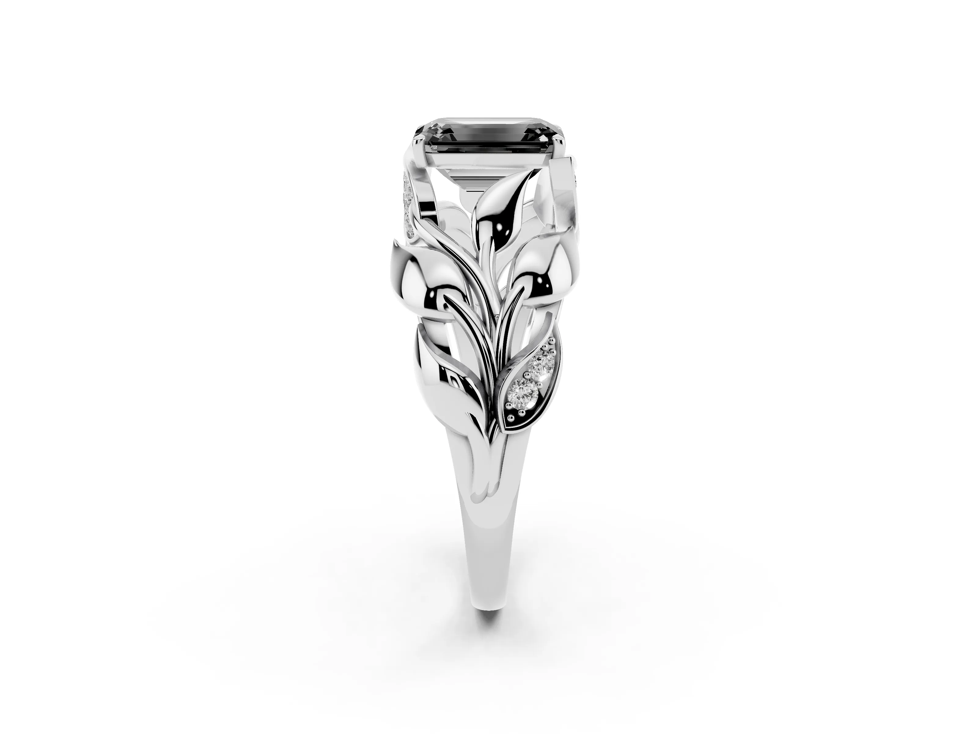Fancy Black Emerald Cut Diamond Leaf-Inspired Engagement Ring Set in Silver with Round Accents