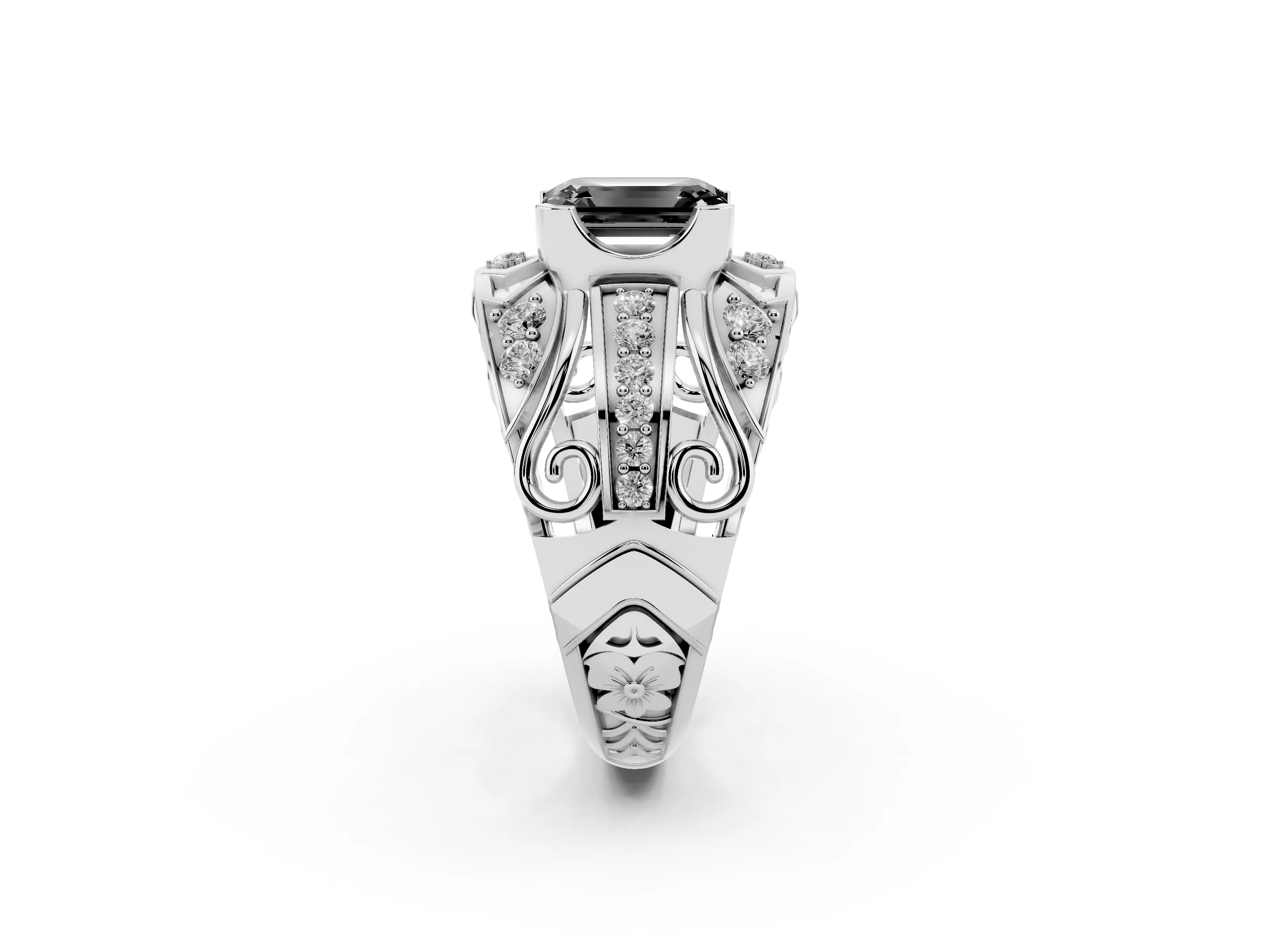 Fancy Black Emerald Cut Diamond Art Deco Ring Set in Silver with Pavé Split Shank