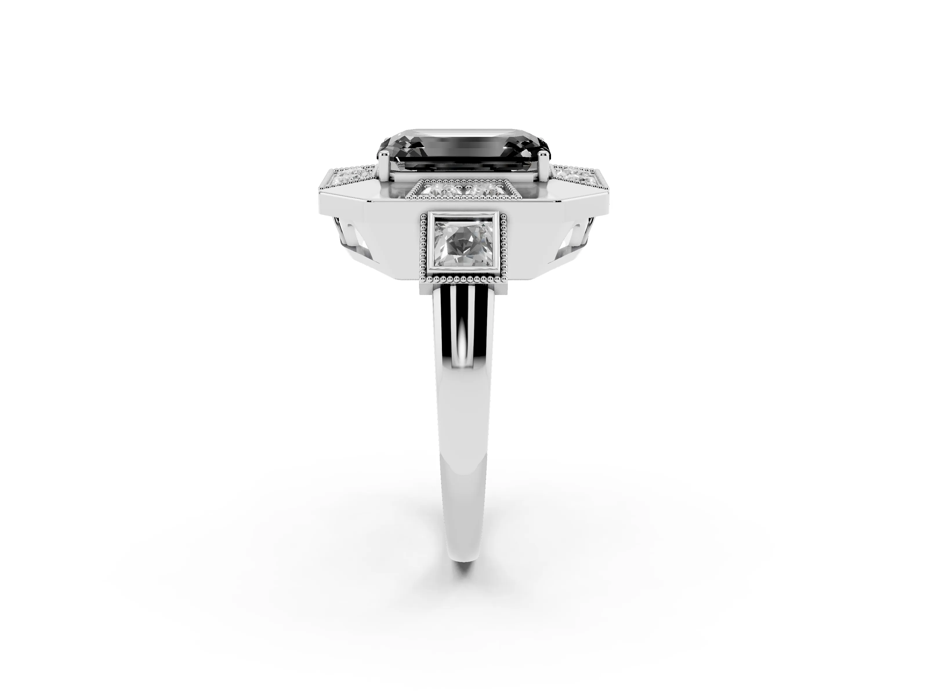 Fancy Black Emerald Cut Diamond Milgrain Halo Ring Set in Silver with Split Shank
