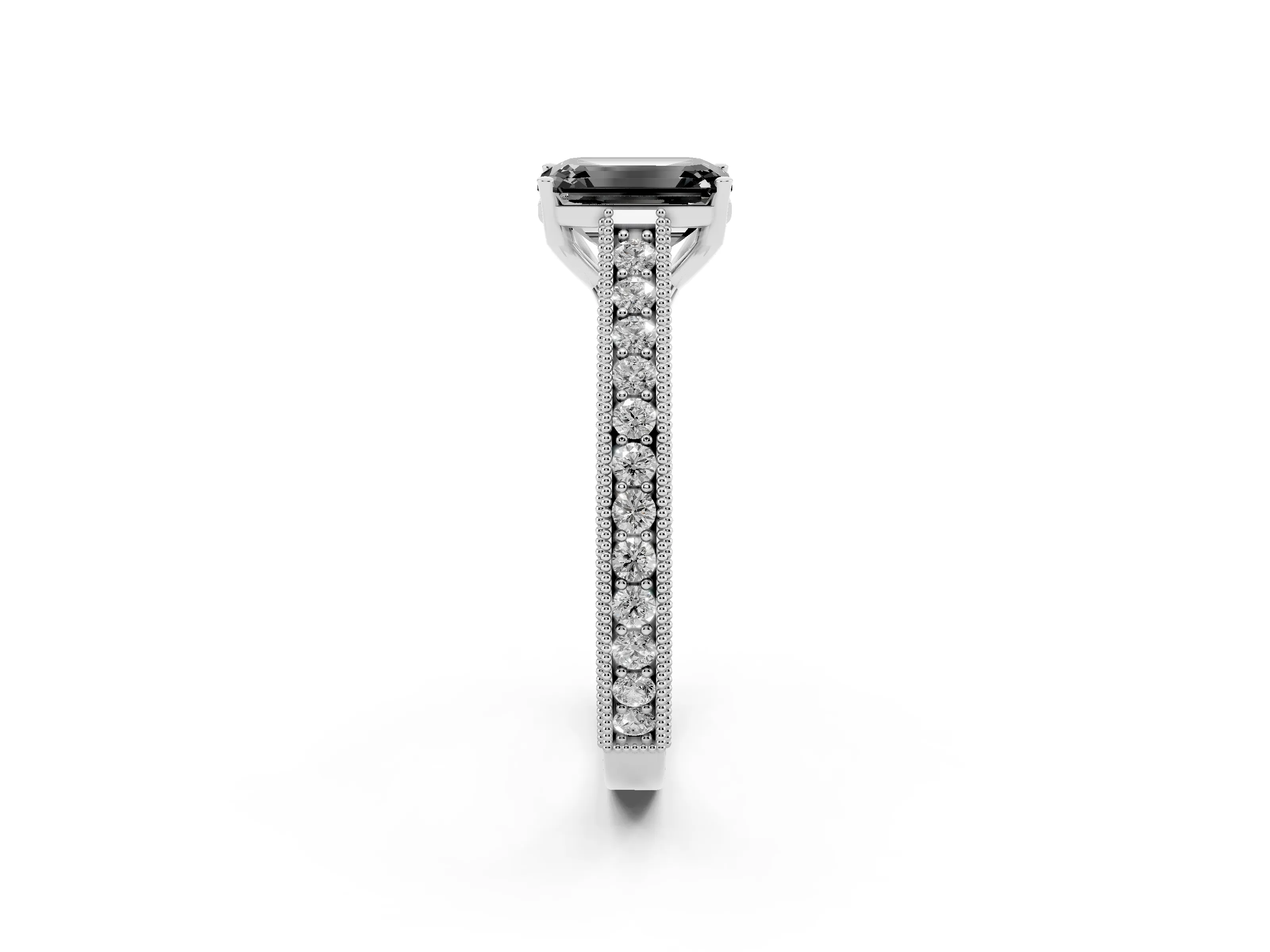 Fancy Black Emerald Cut Diamond Milgrain Pavé Band Solitaire Ring Set in Platinum with Prong Setting