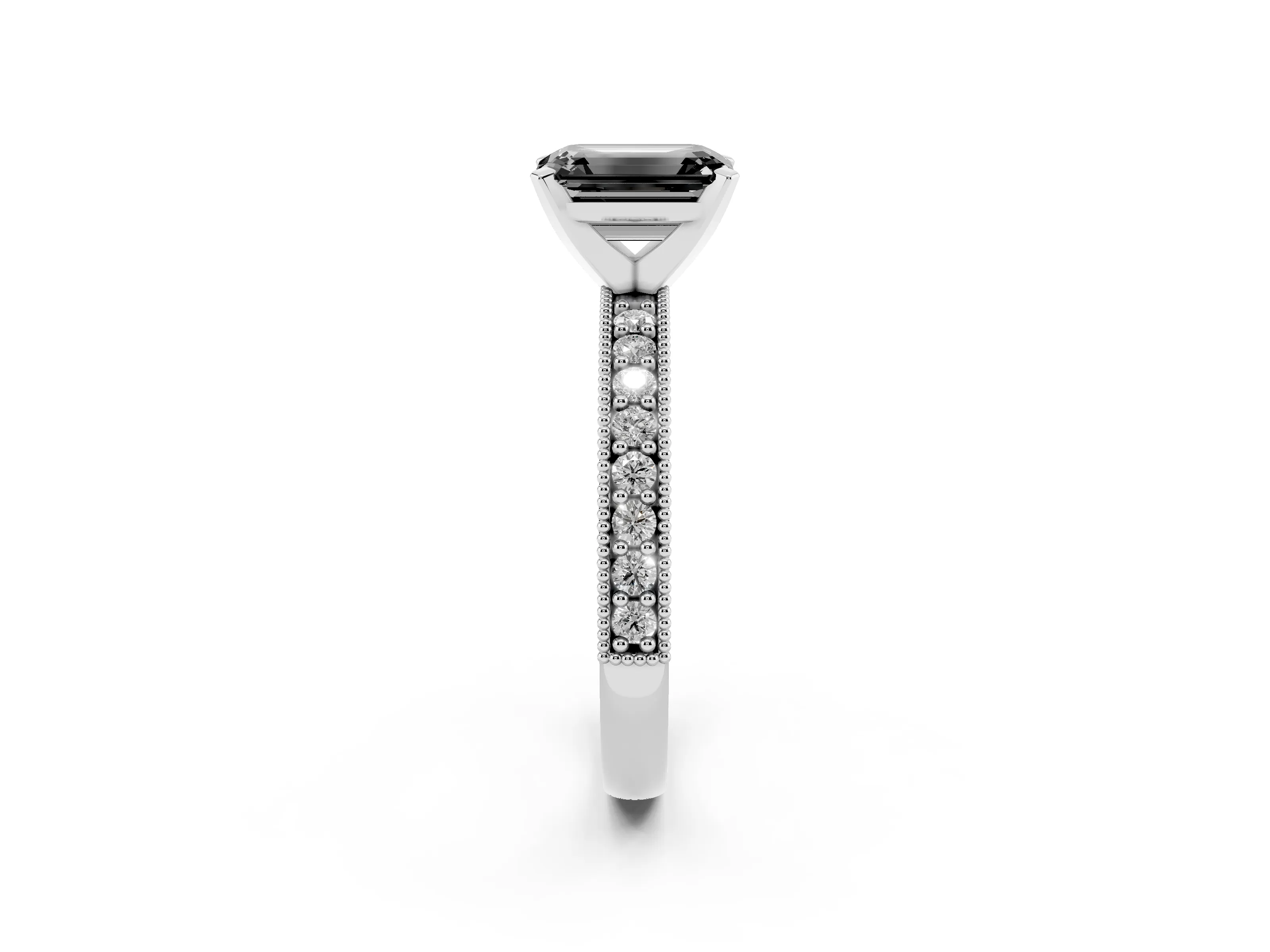 Fancy Black Emerald Cut Diamond Milgrain Pavé Engagement Ring Set in Silver with Prong Setting