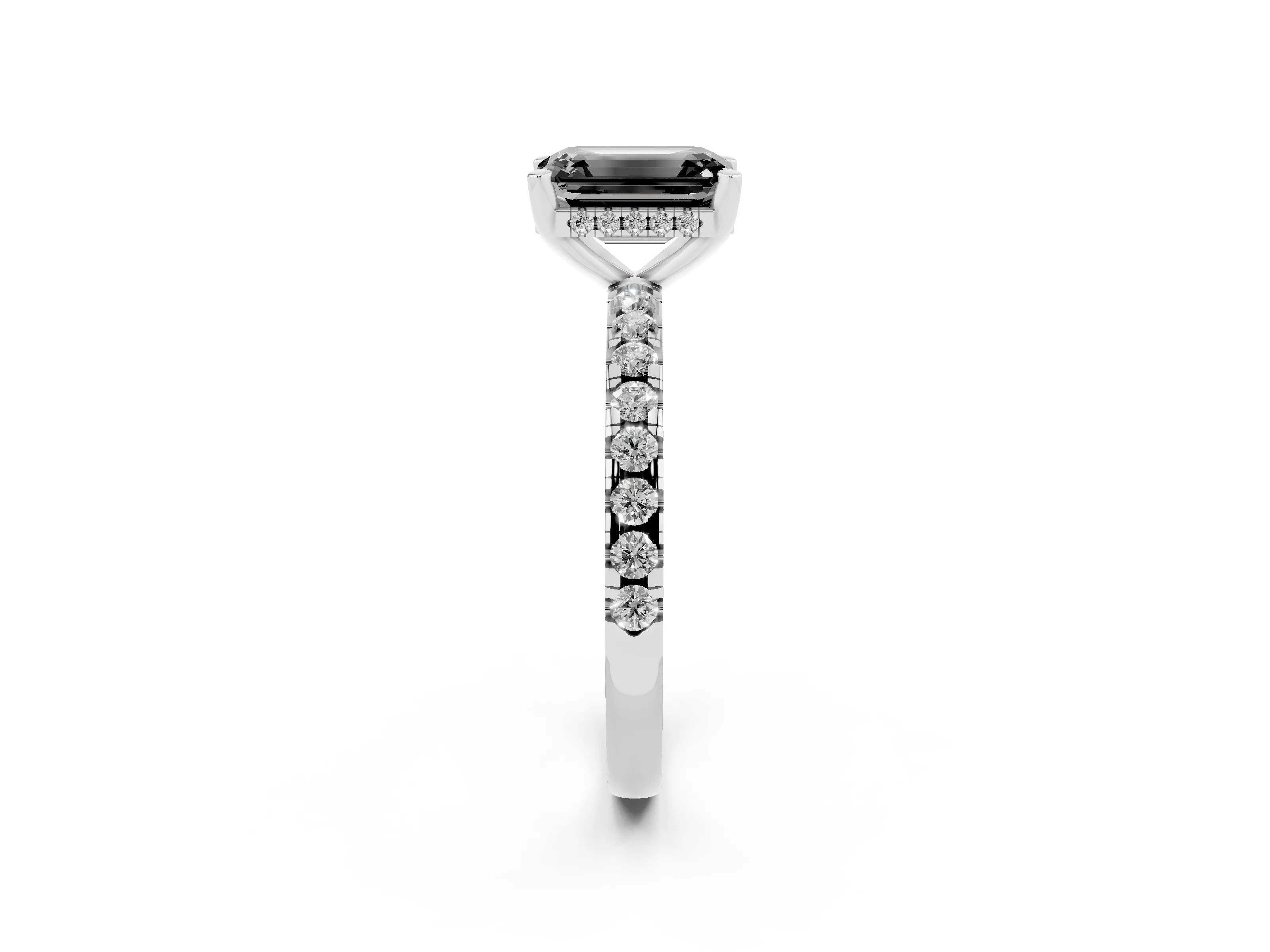 Fancy Black Emerald Cut Diamond Pavé Solitaire Ring Set in White gold with Round Band Accents and Prong Setting