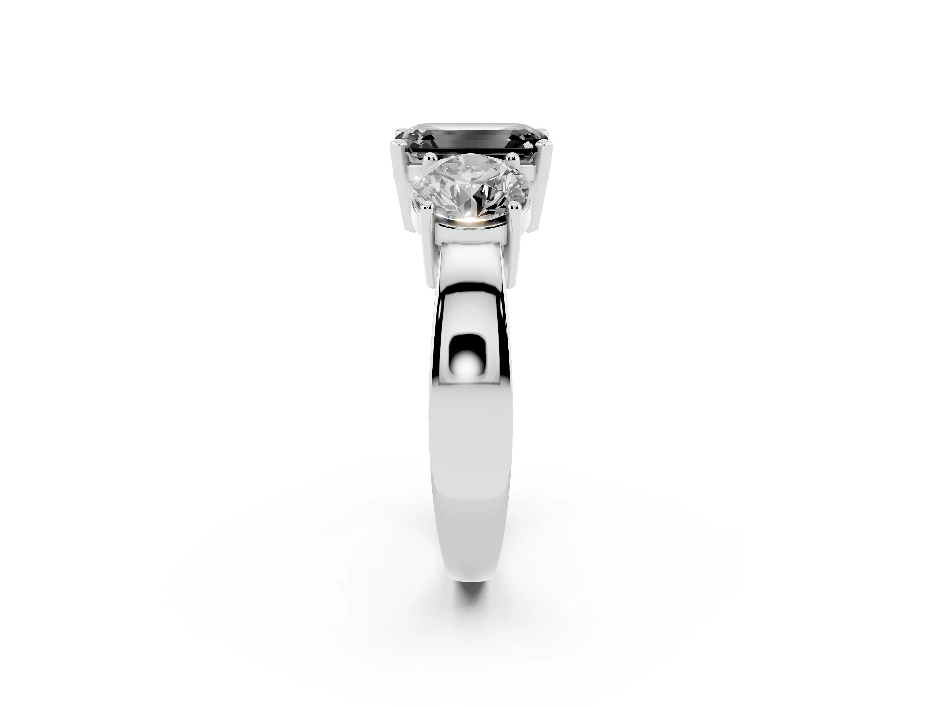 Fancy Black Emerald Cut Diamond Three-Stone Ring Set in Platinum with Round Side Stones and Classic Band