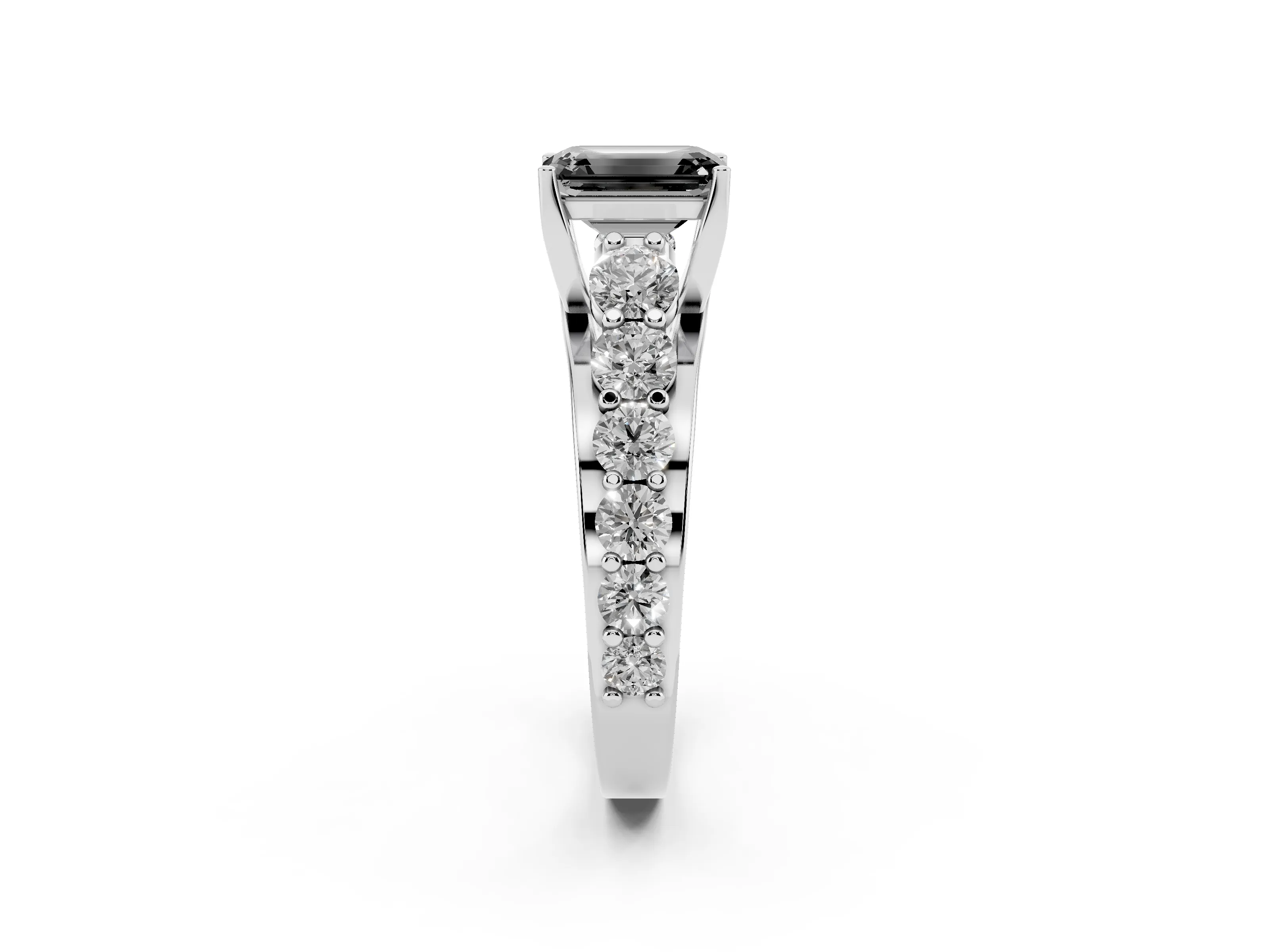 Fancy Black Emerald Cut Diamond Pavé Engagement Ring Set in White gold with Prong Setting