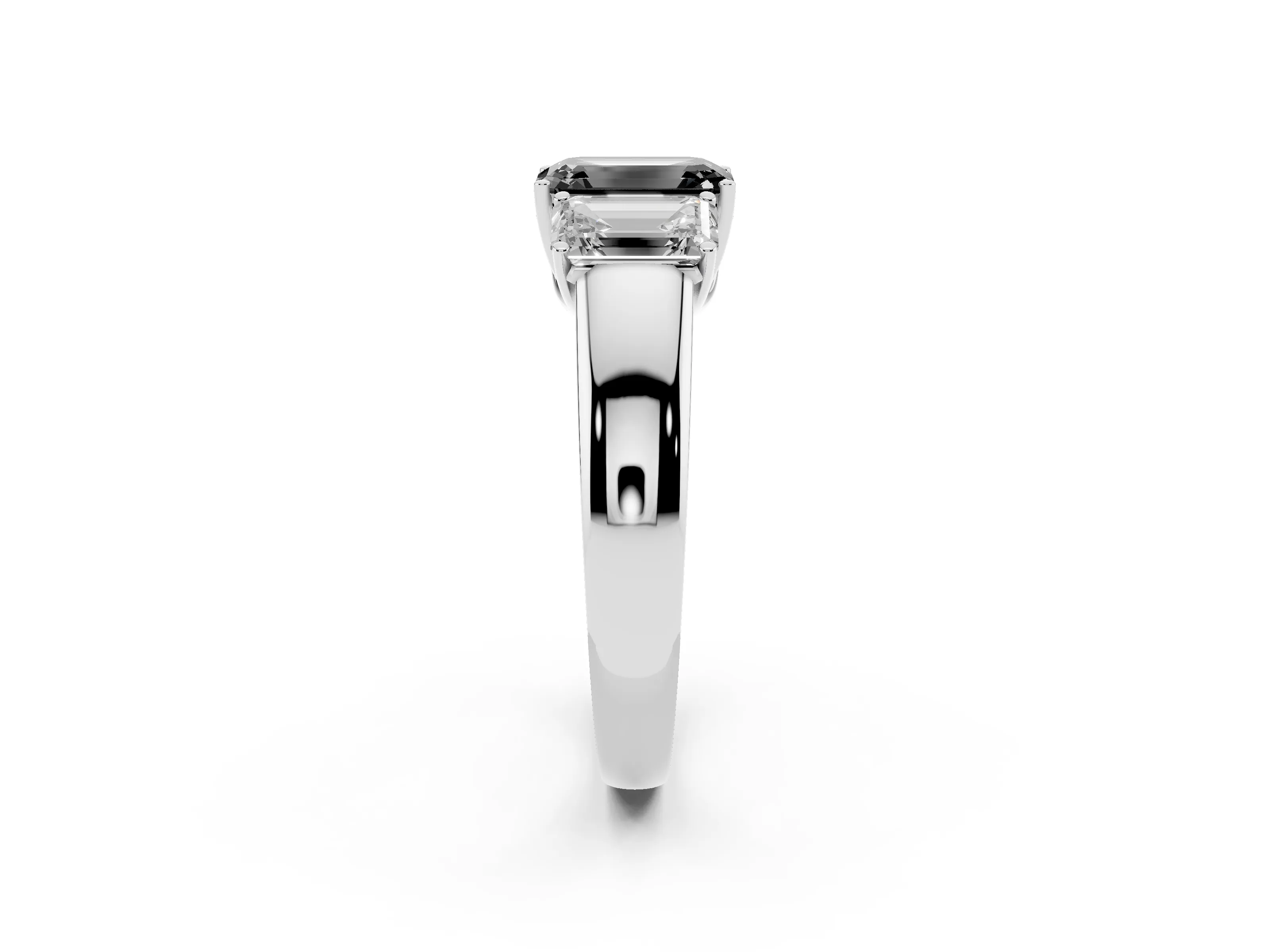 Fancy Black Three-Stone Emerald Cut Diamond Ring Set in Platinum with Matching Prong Settings and Plain Band