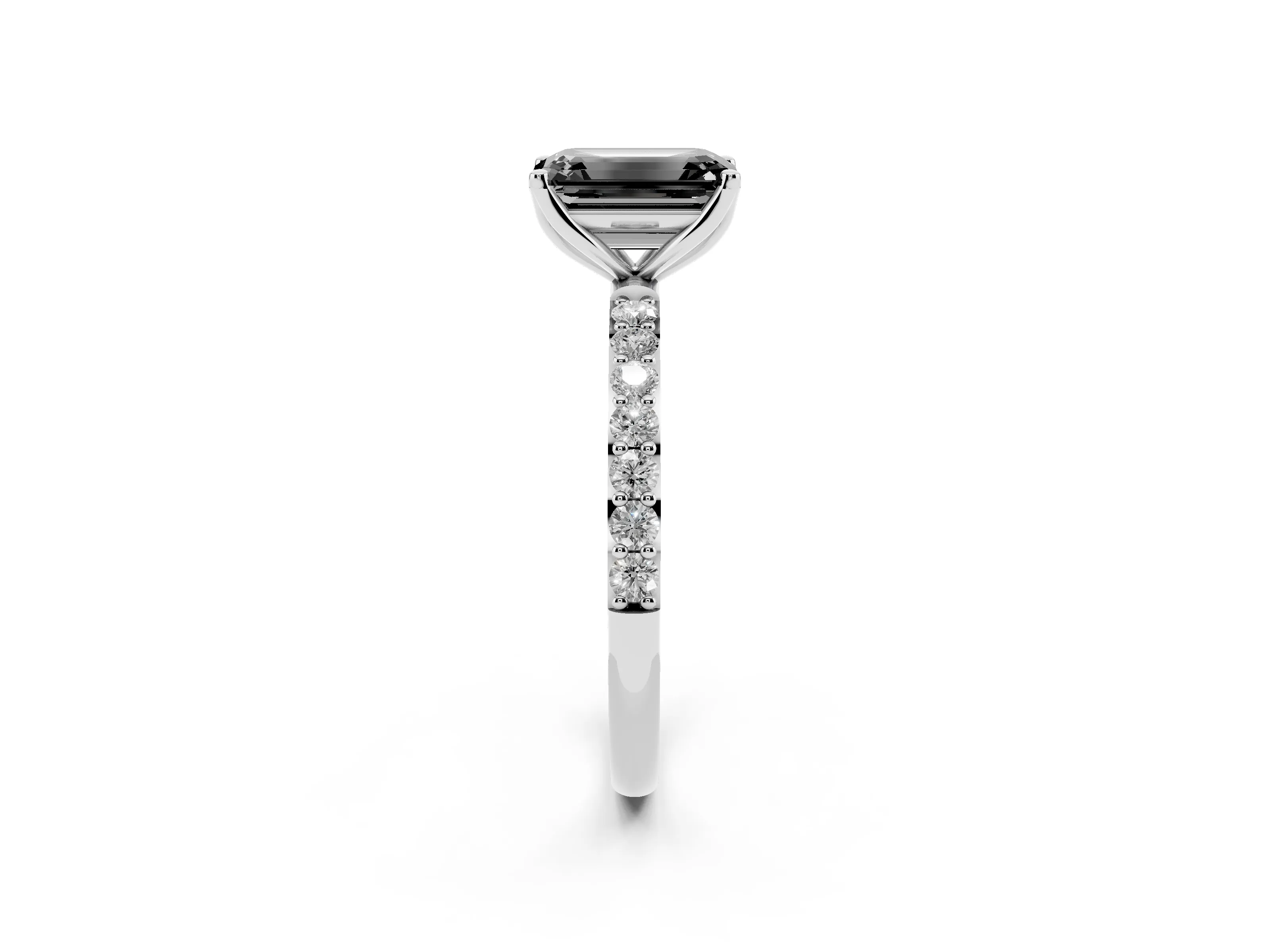 Fancy Black Emerald Cut Diamond Solitaire Engagement Ring Set in Platinum with Round Pavé Band and Prong Setting