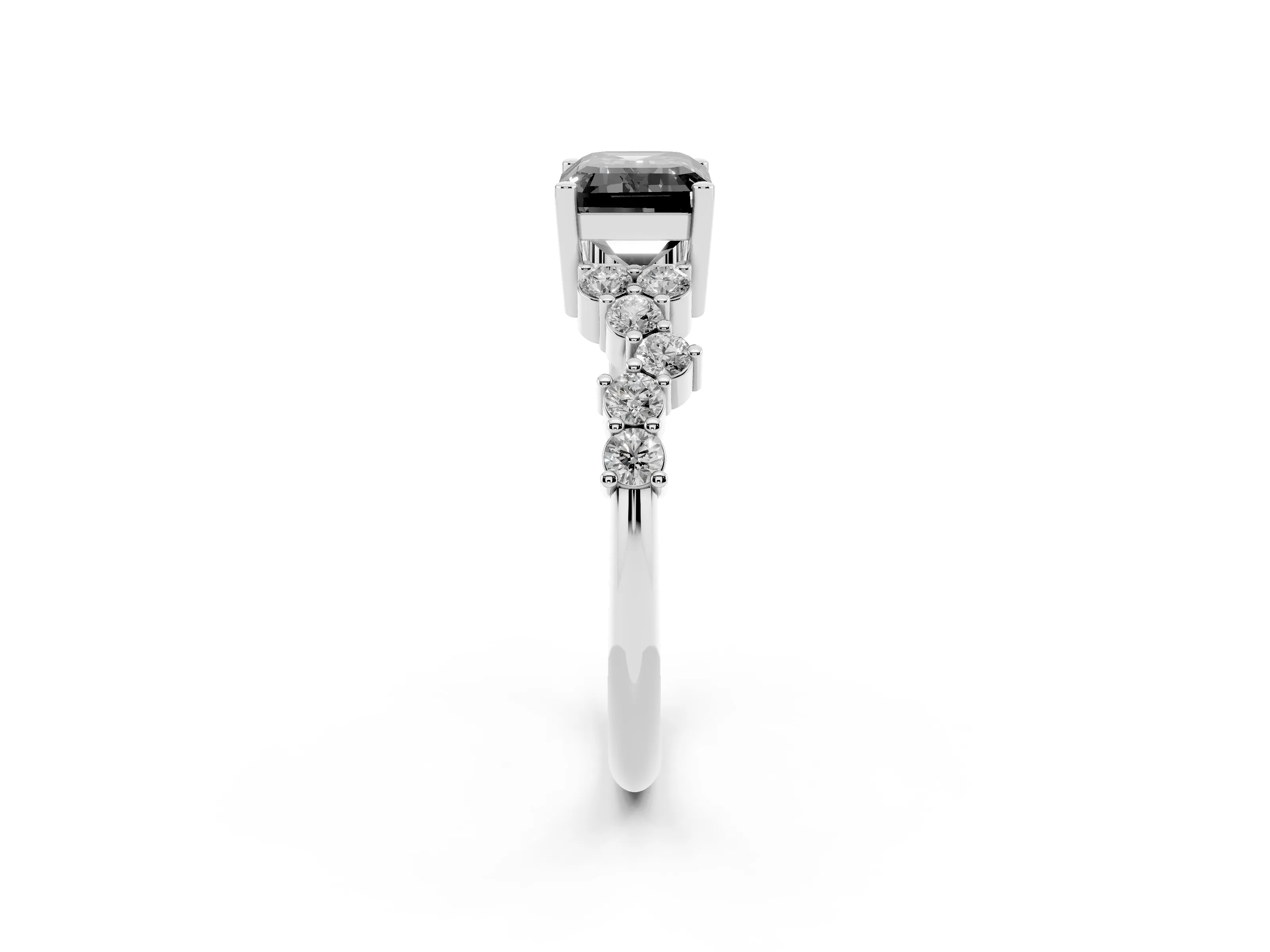 Fancy Black Emerald Cut Diamond Ring Set in Silver with Scattered Round Accents