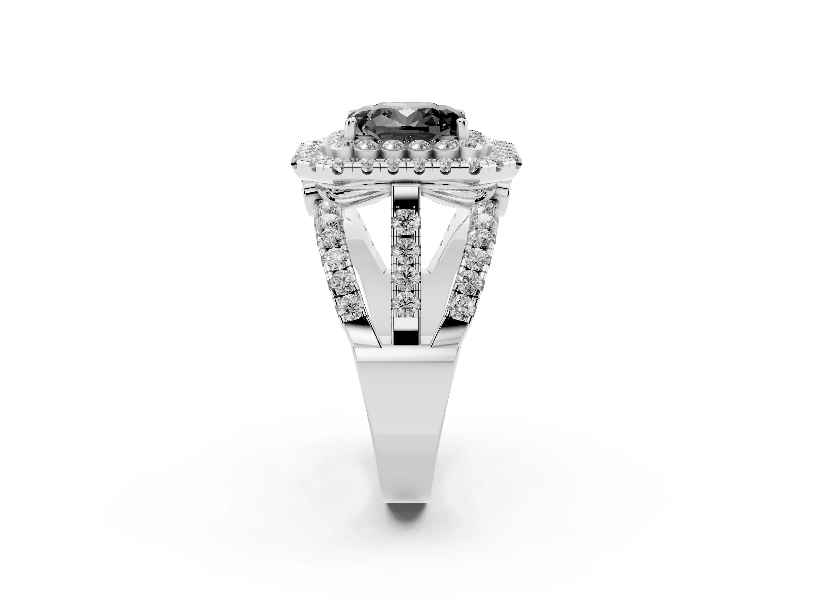 Fancy Black Emerald Cut Diamond Double Halo Ring Set in Silver with Round Pavé Split Shank
