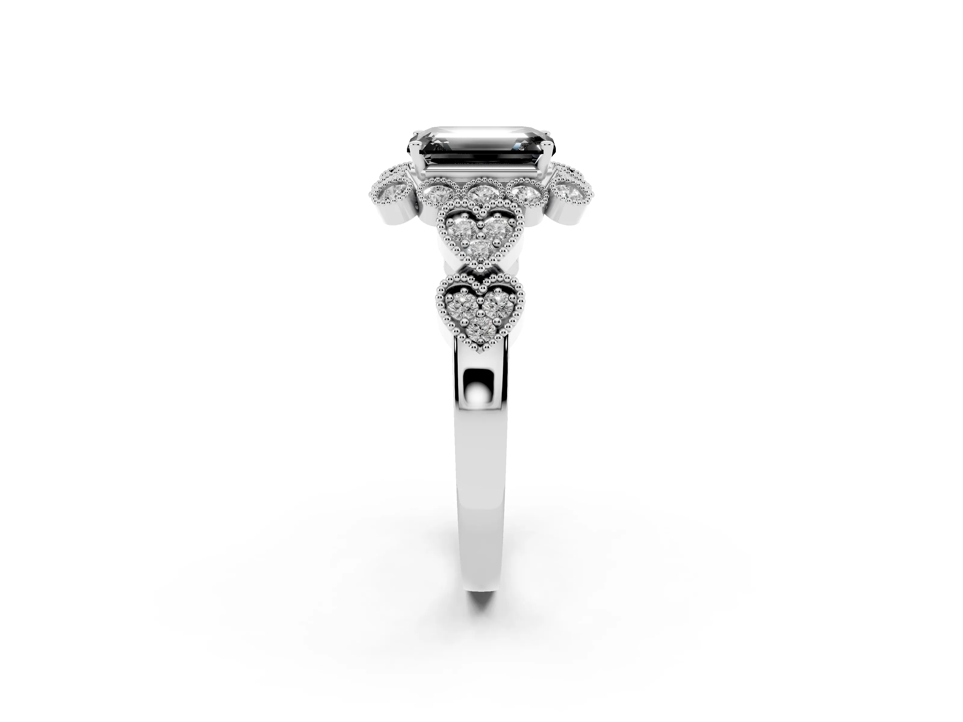 Fancy Black Emerald Cut Diamond Solitaire Ring Set in White gold with Milgrain Pavé Heart Band